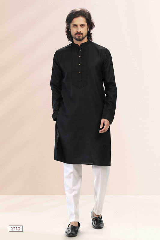 Men's Black Linen Cotton Pintux Work Kurta Set