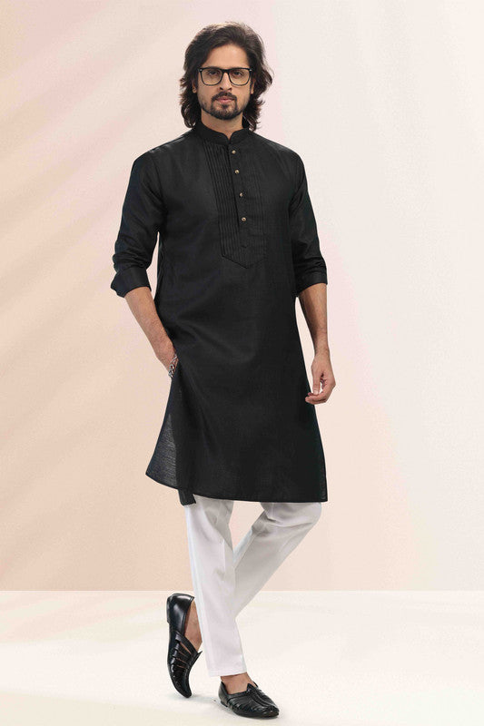 Men's Black Linen Cotton Pintux Work Kurta Set