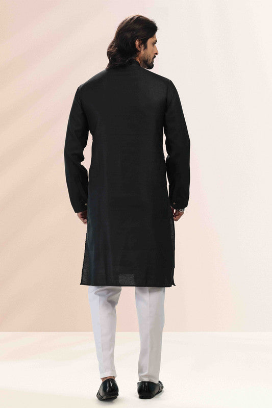 Men's Black Linen Cotton Pintux Work Kurta Set