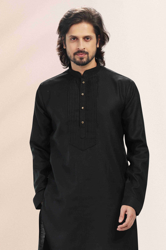 Men's Black Linen Cotton Pintux Work Kurta Set