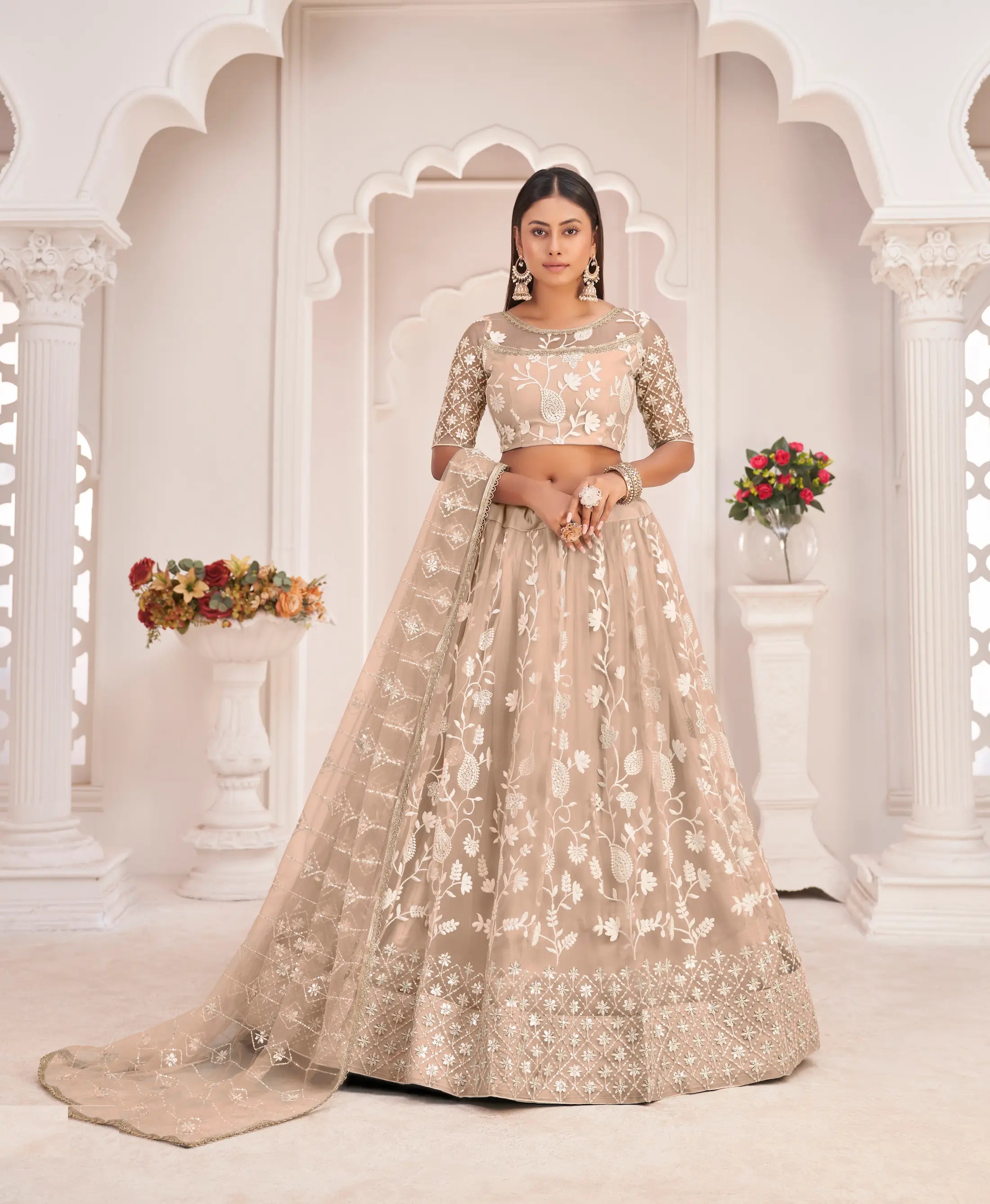 Beige Net Lehenga Choli With White Cotton Thread Work, Zari Work & Sequence Work - qivii