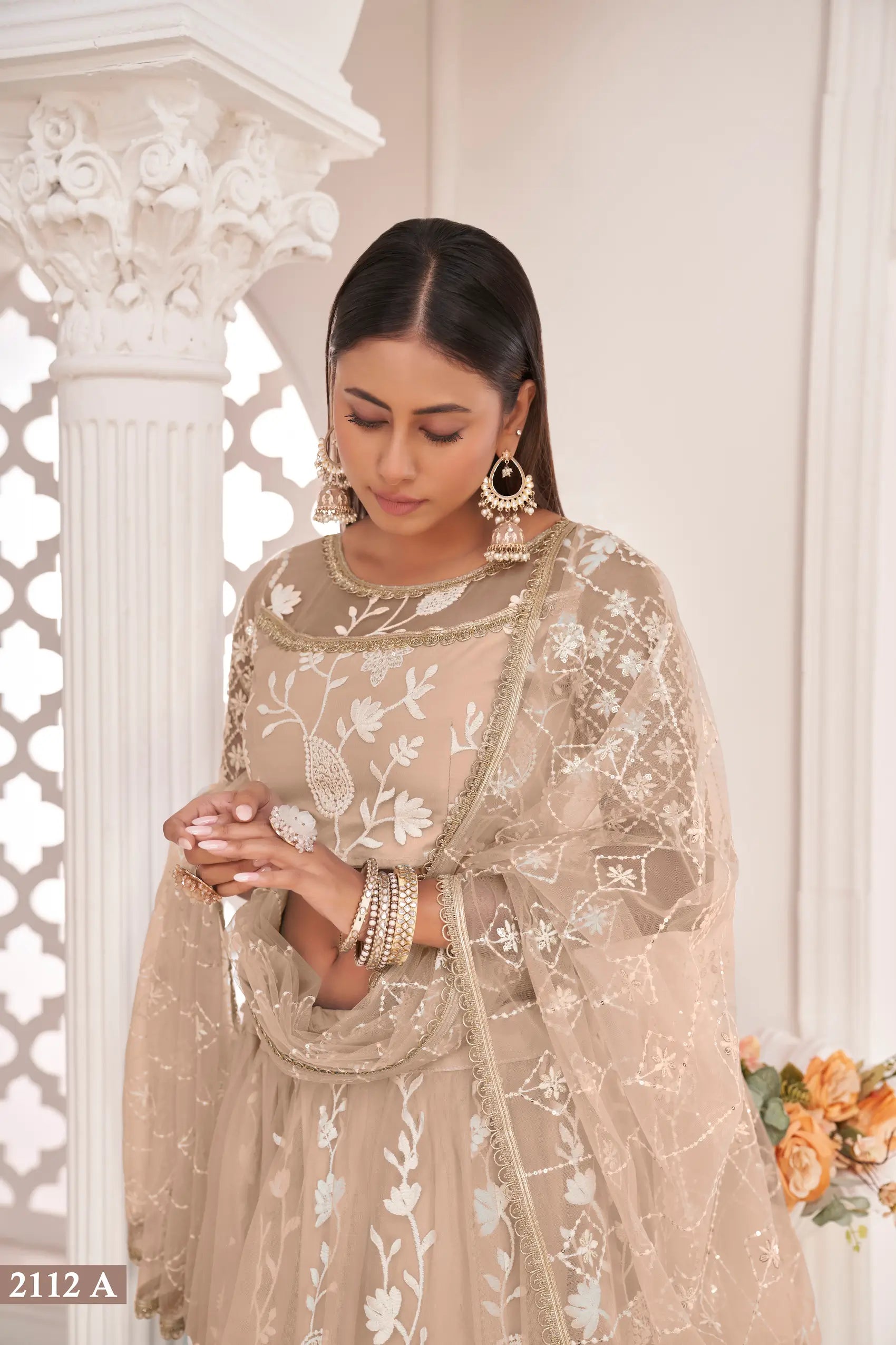 Beige Net Lehenga Choli With White Cotton Thread Work, Zari Work & Sequence Work - qivii