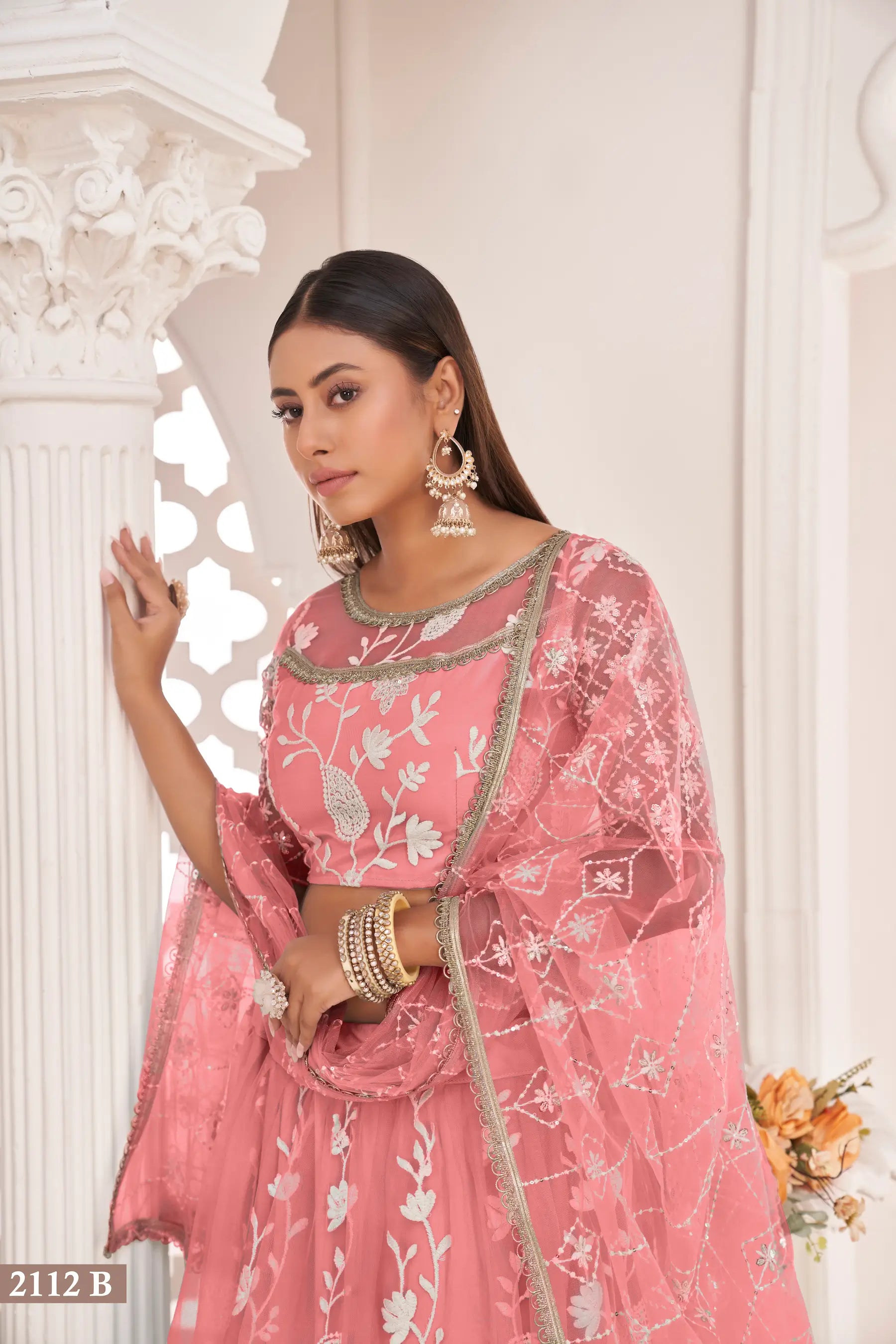 Rose Pink Net Lehenga Choli With White Cotton Thread Work, Zari Work & Sequence Work - qivii