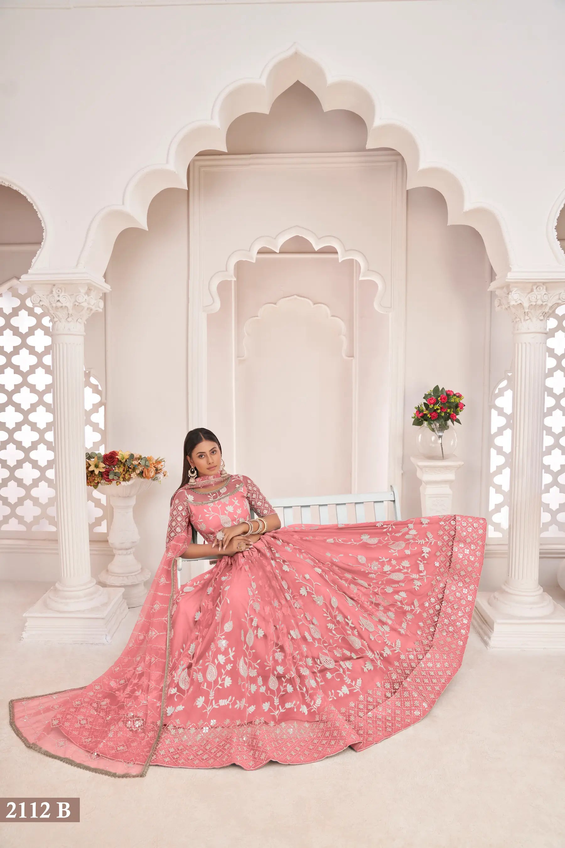Rose Pink Net Lehenga Choli With White Cotton Thread Work, Zari Work & Sequence Work - qivii