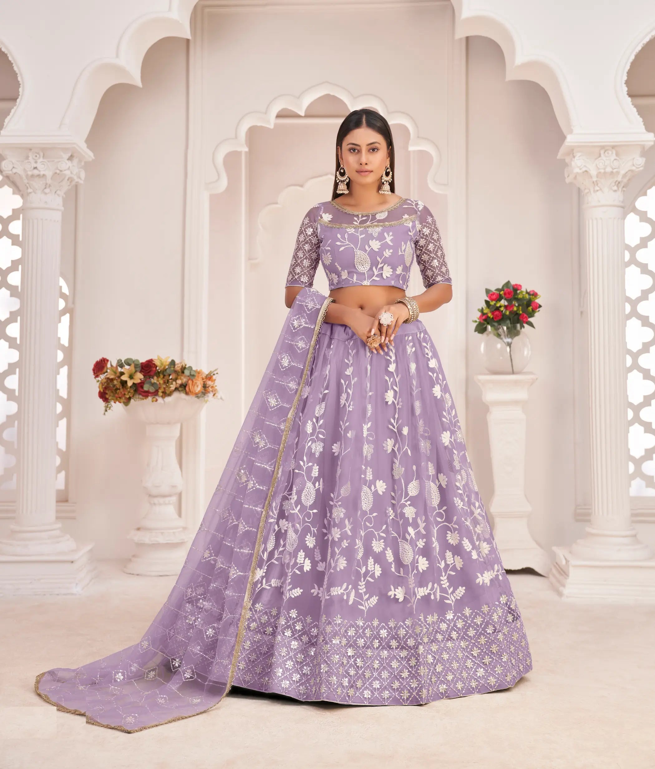 Lavender Net Lehenga Choli With White Cotton Thread Work, Zari Work & Sequence Work - qivii