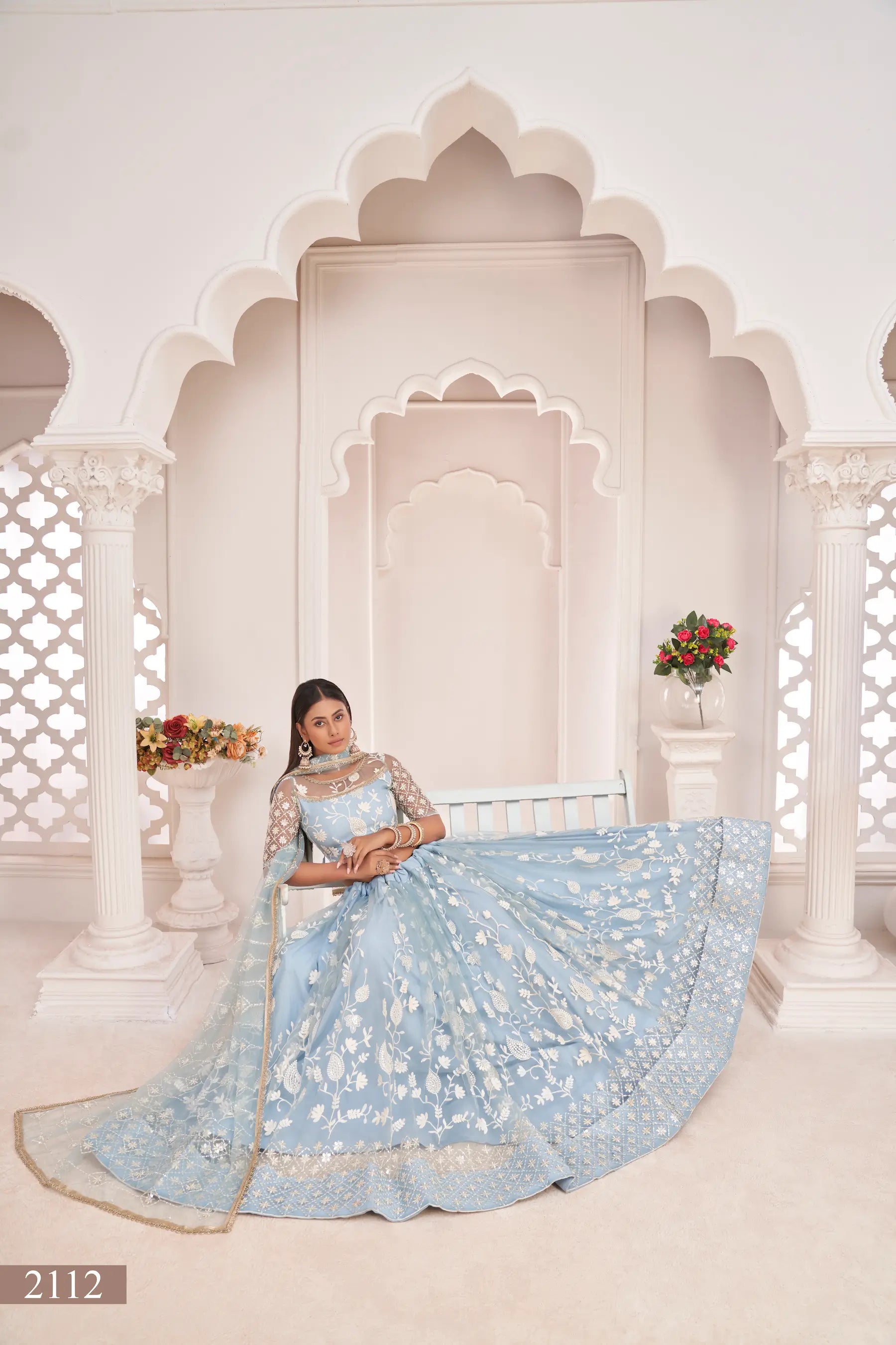 Light Sky Net Lehenga Choli With White Cotton Thread Work, Zari Work & Sequence Work - qivii