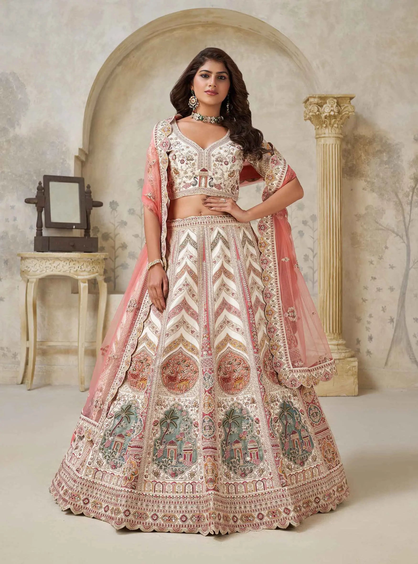 Designer Lehenga with Paisley Motifs & White Dori Work - qivii