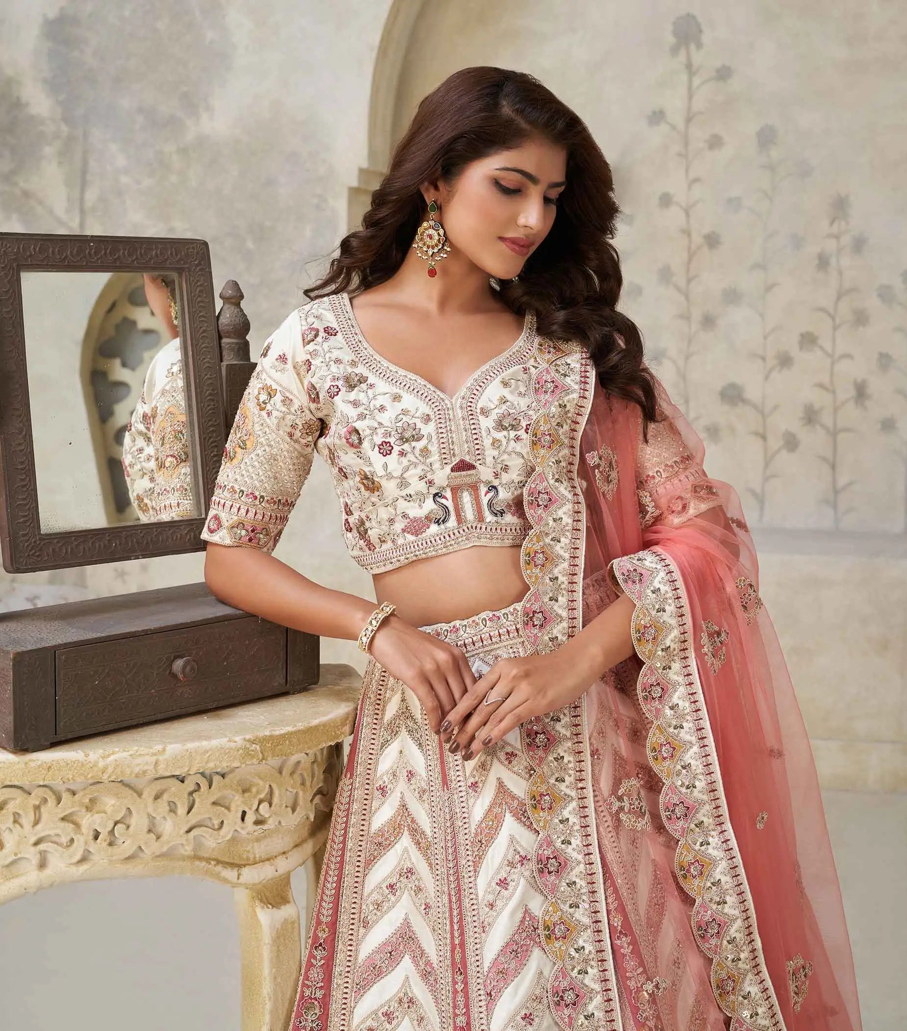 Designer Lehenga with Paisley Motifs & White Dori Work - qivii