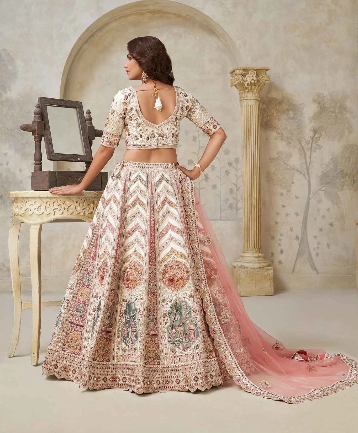 Designer Lehenga with Paisley Motifs & White Dori Work - qivii