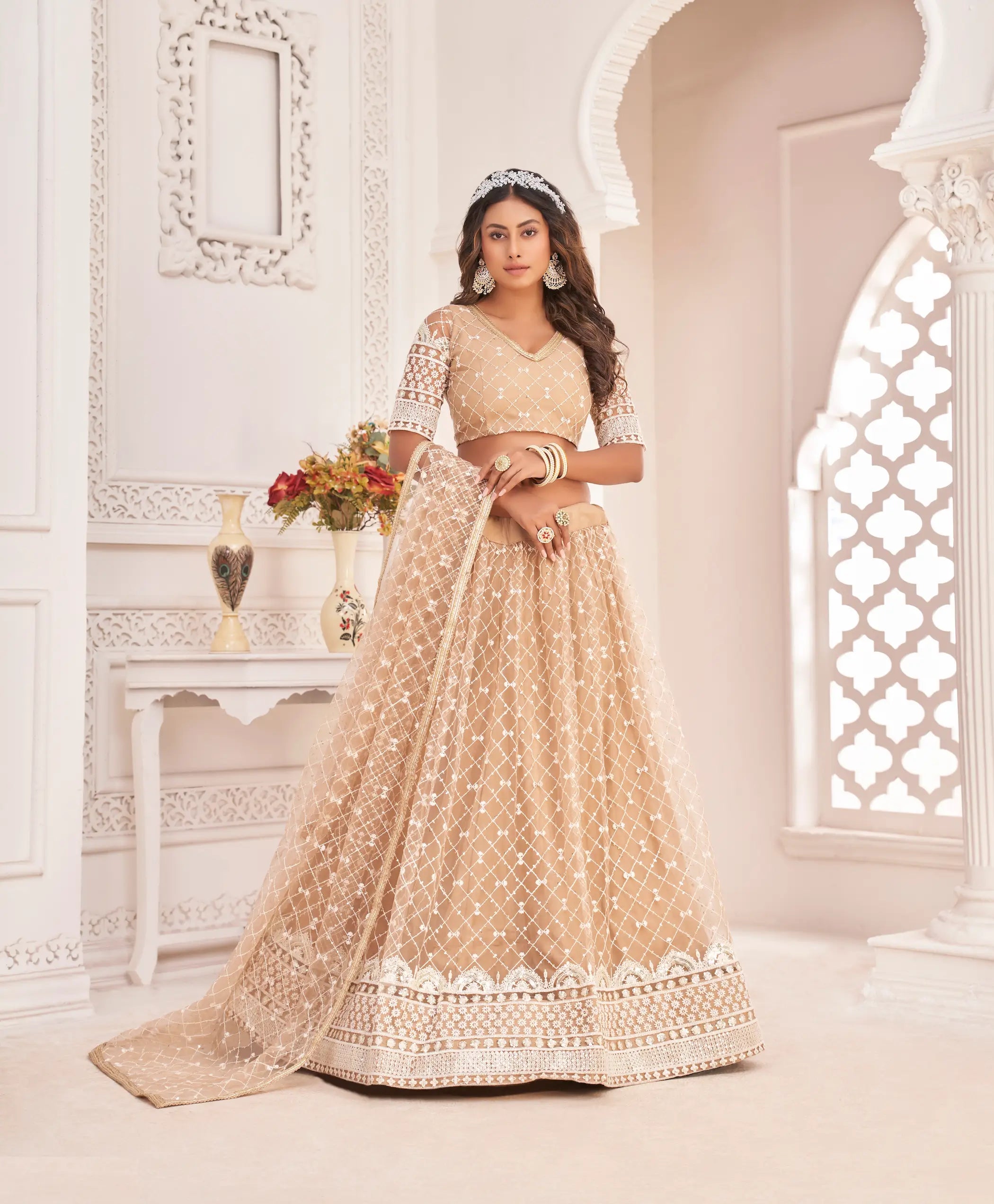 Dusty Beige Net Lehenga Choli With White Cotton Thread Work, Zari Work & Sequence Work - qivii