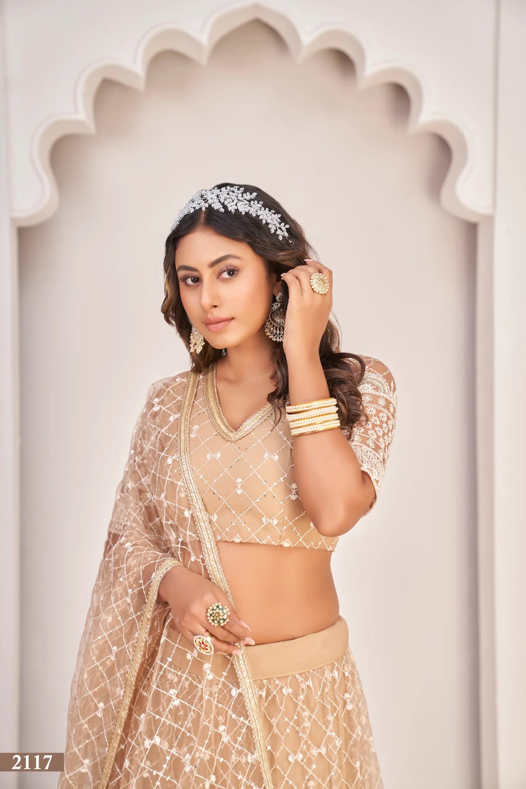 Dusty Beige Net Lehenga Choli With White Cotton Thread Work, Zari Work & Sequence Work - qivii