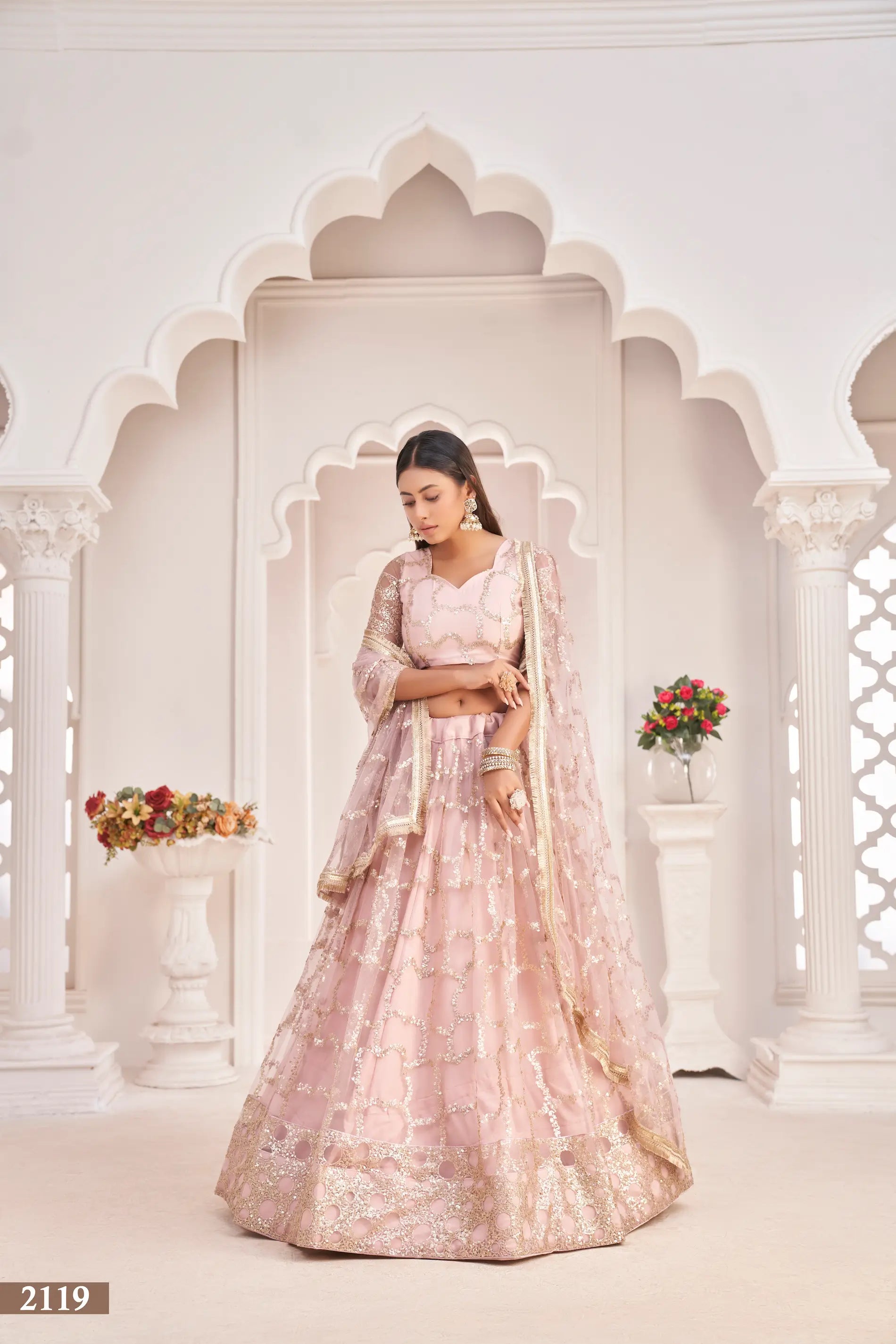 Light Onion Net Lehenga Choli With Zari Work & Sequence Embroidery Work - qivii