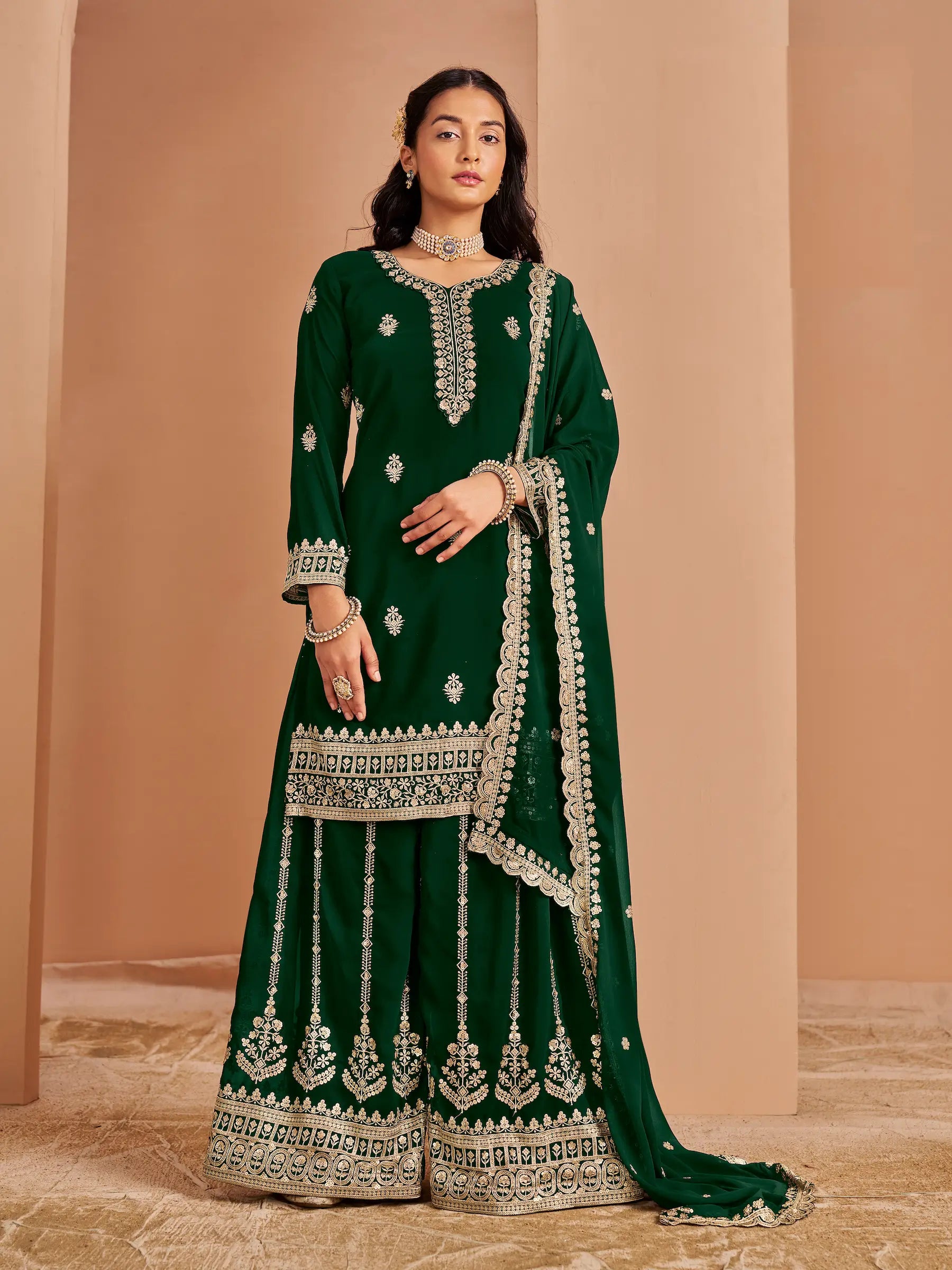 Green Georgette Palazzo Salwar Suit With Thread & Sequins Embroidery Work - qivii