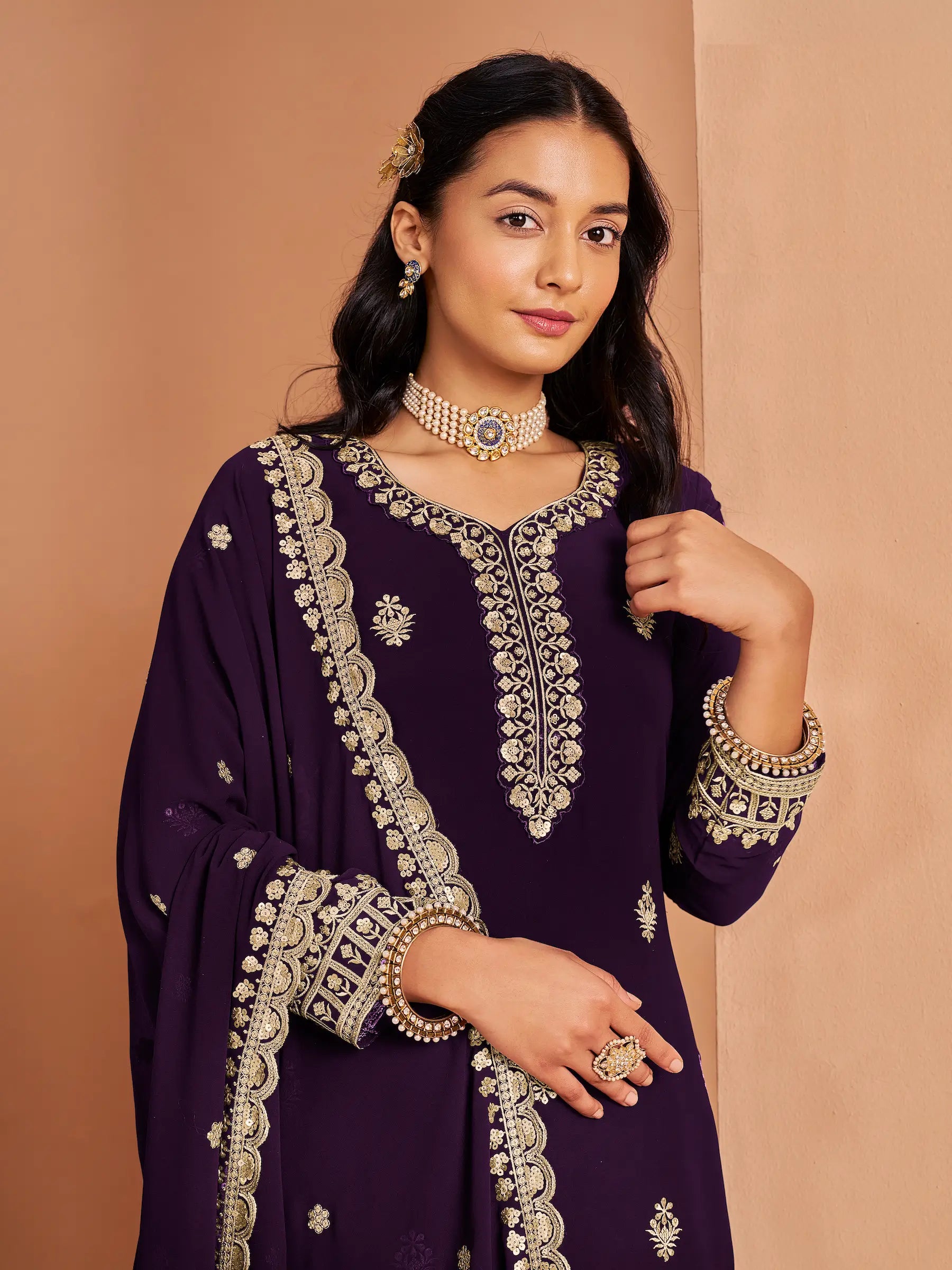 Wine Georgette Palazzo Salwar Suit With Thread & Sequins Embroidery Work