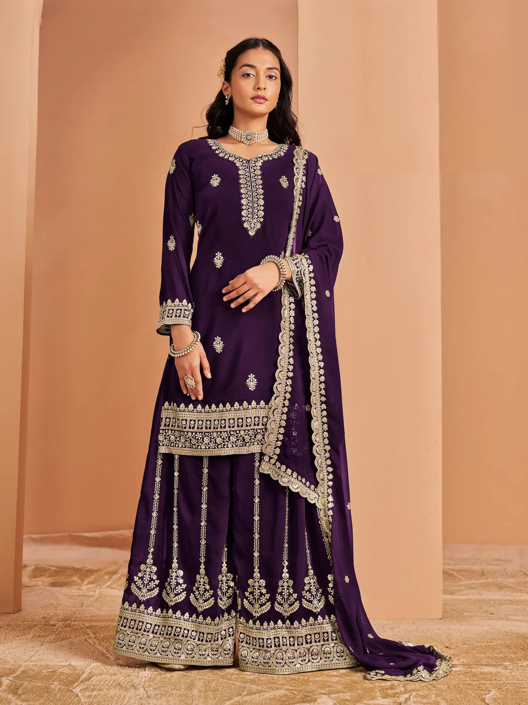 Wine Georgette Palazzo Salwar Suit With Thread & Sequins Embroidery Work - qivii