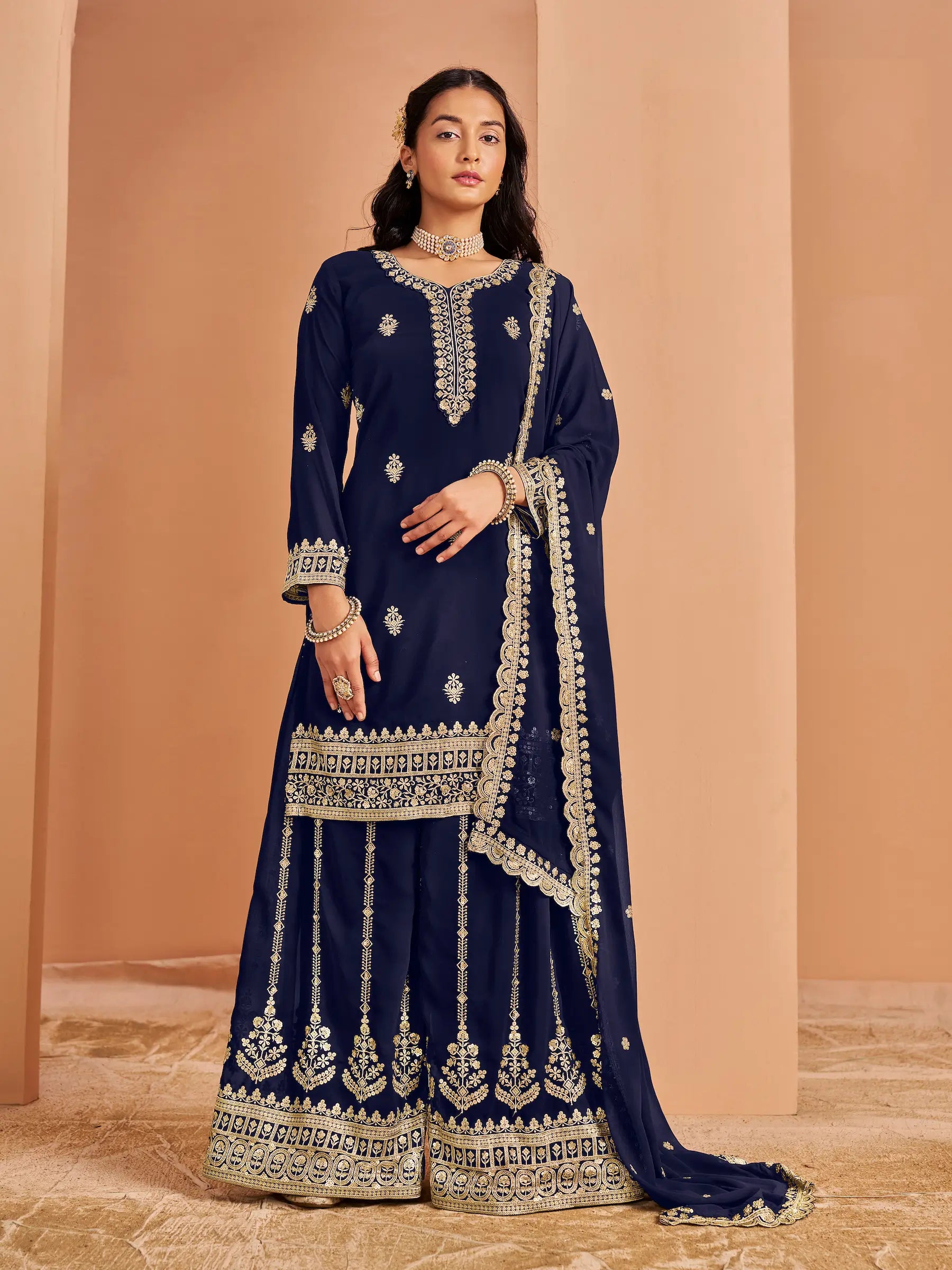 Navy Blue Georgette Palazzo Salwar Suit With Thread & Sequins Embroidery Work - qivii