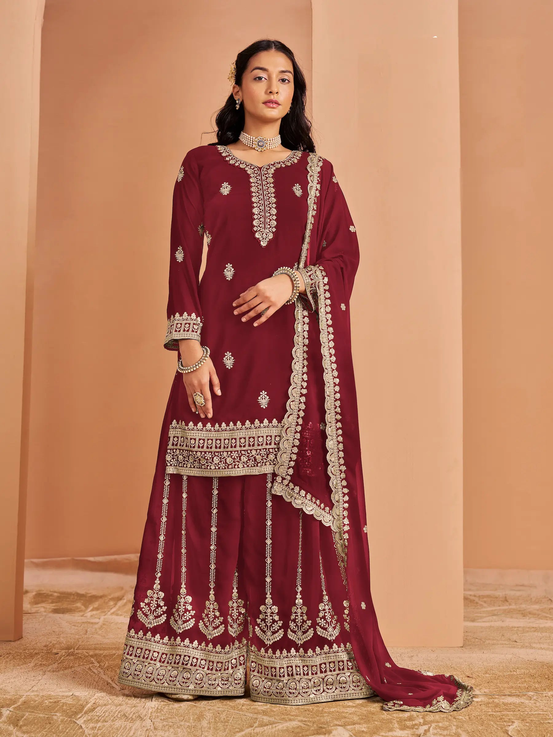 Maroon Georgette Palazzo Salwar Suit With Thread & Sequins Embroidery Work - qivii