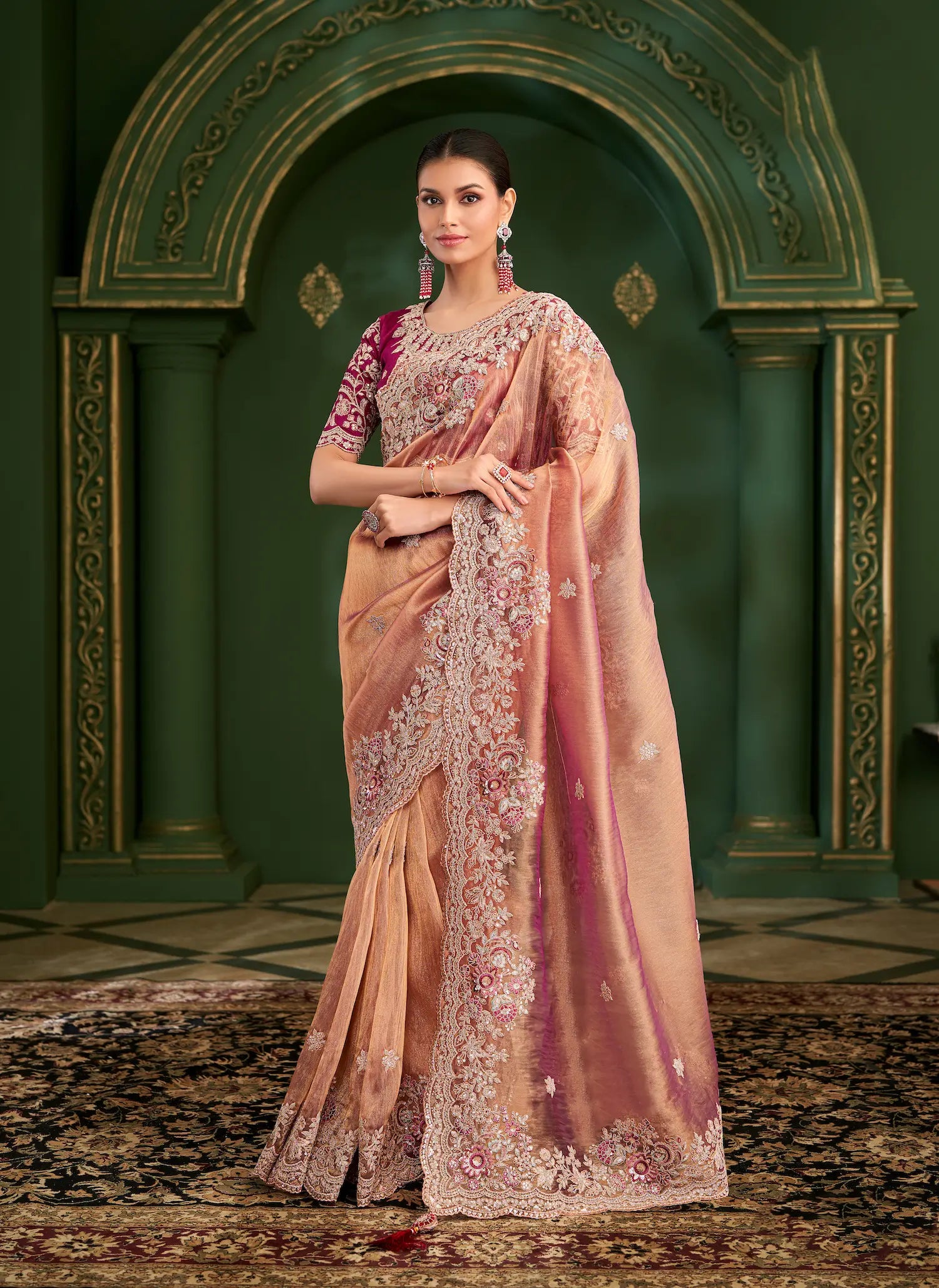 Peachy Orange Shiny georgette Heavy Embroidery Saree