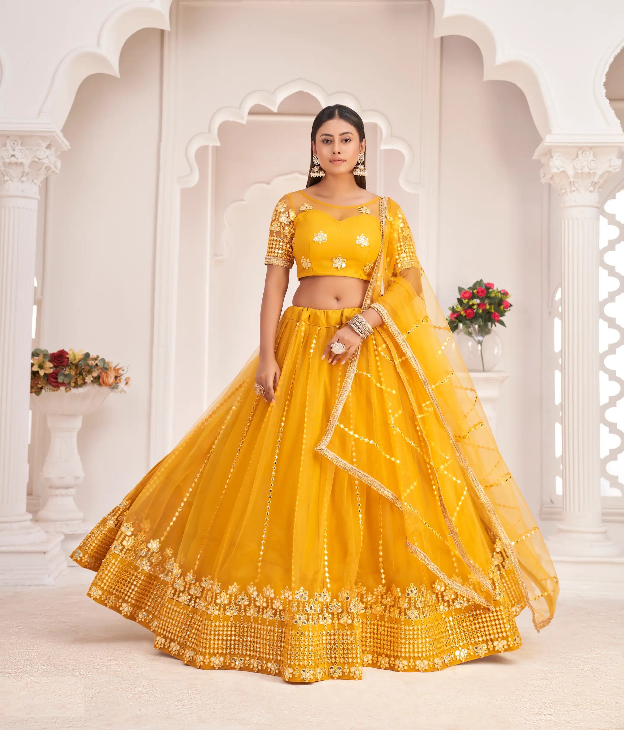 Honey Yellow Net Lehenga Choli With Thread Work & Paper Mirror Work - qivii