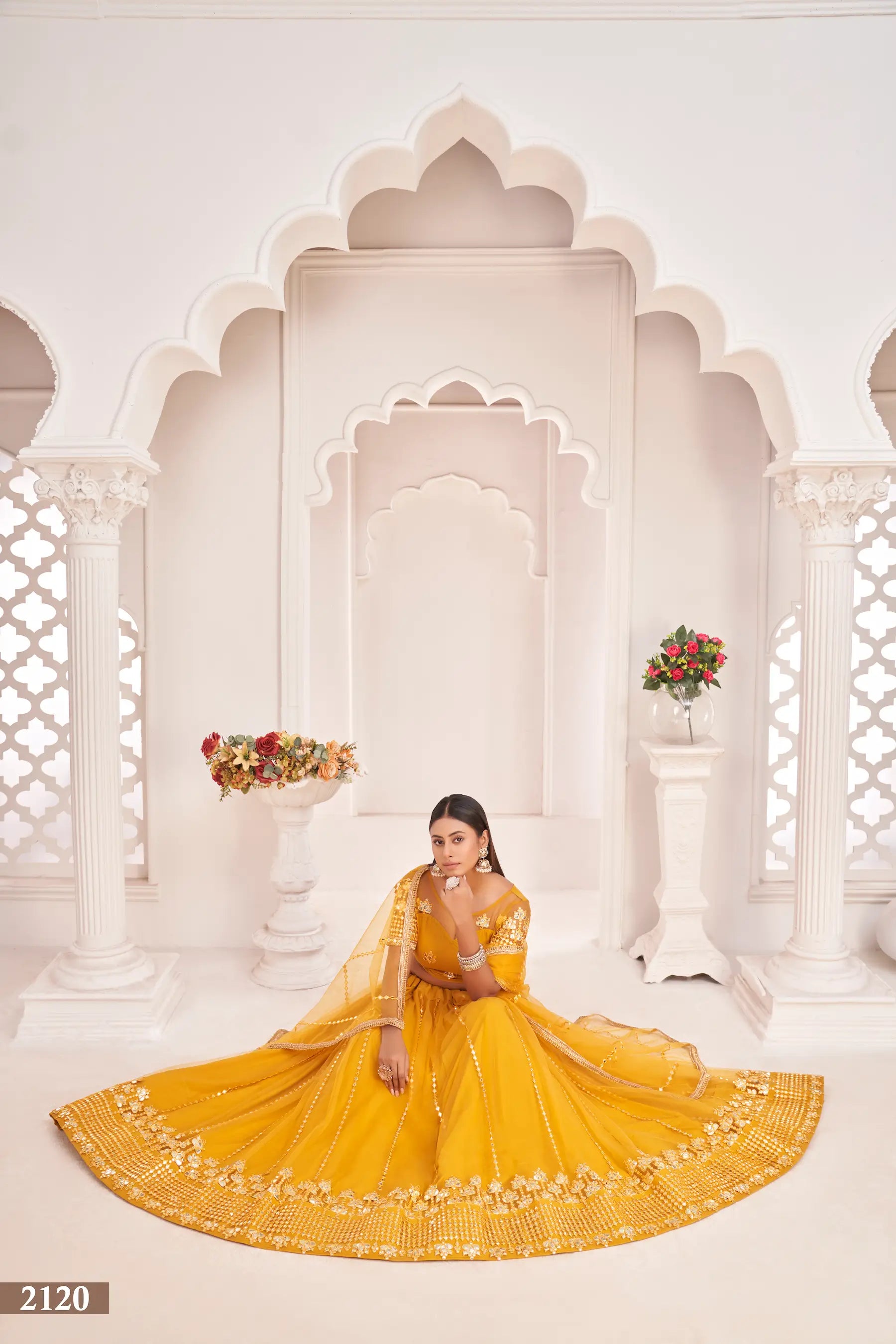 Honey Yellow Net Lehenga Choli With Thread Work & Paper Mirror Work - qivii