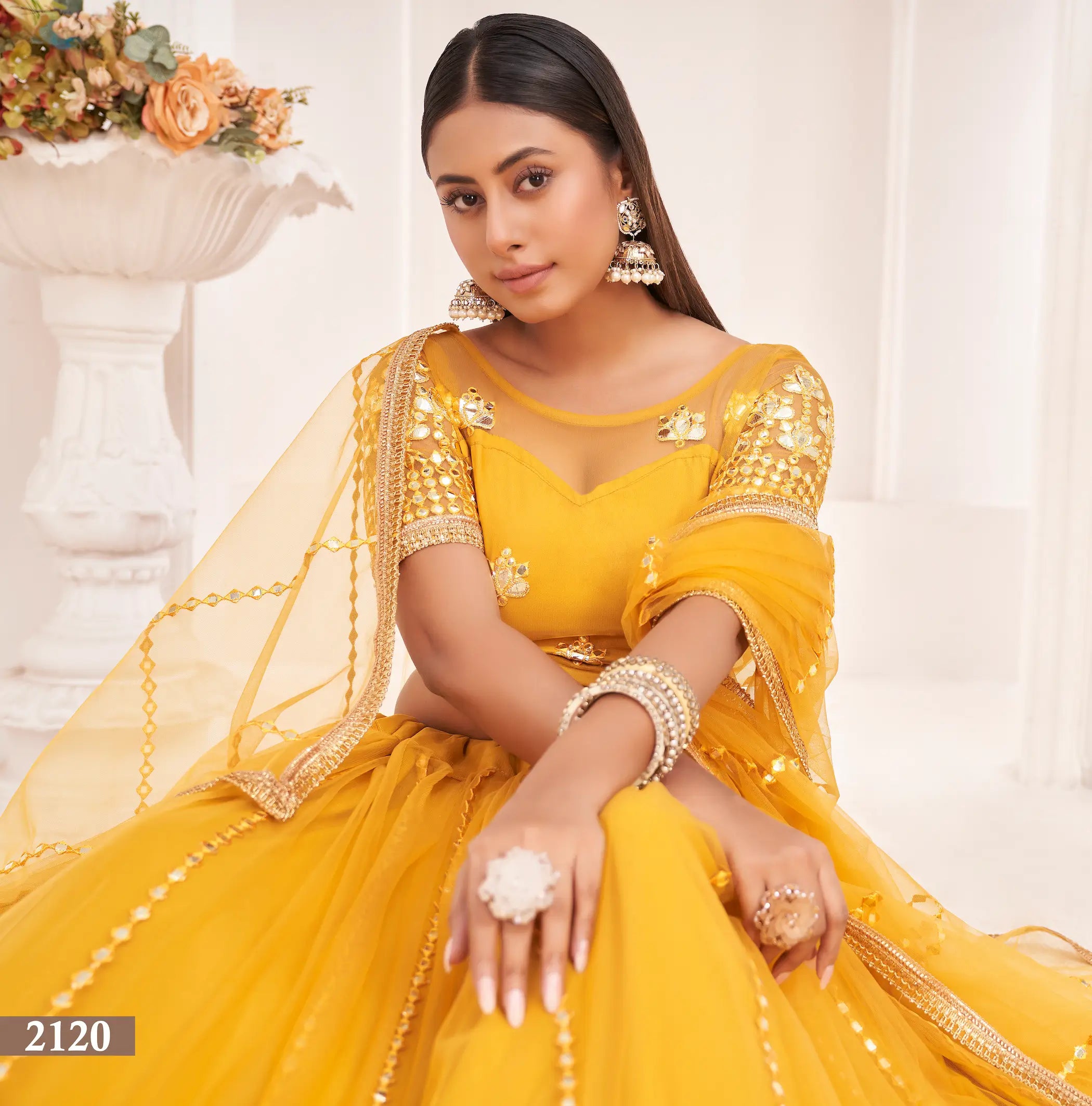 Honey Yellow Net Lehenga Choli With Thread Work & Paper Mirror Work - qivii