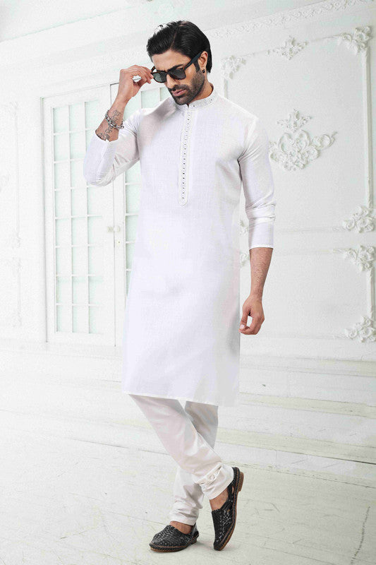 Men's Off White Linen Cotton Thread Work Collar Neck Pajama Set