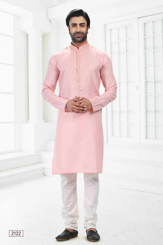 Men's Pink Linen Cotton Thread Work Collar Neck Pajama Set