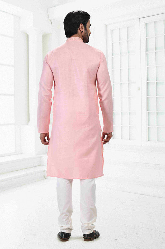 Men's Pink Linen Cotton Thread Work Collar Neck Pajama Set