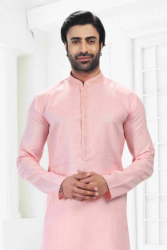 Men's Pink Linen Cotton Thread Work Collar Neck Pajama Set