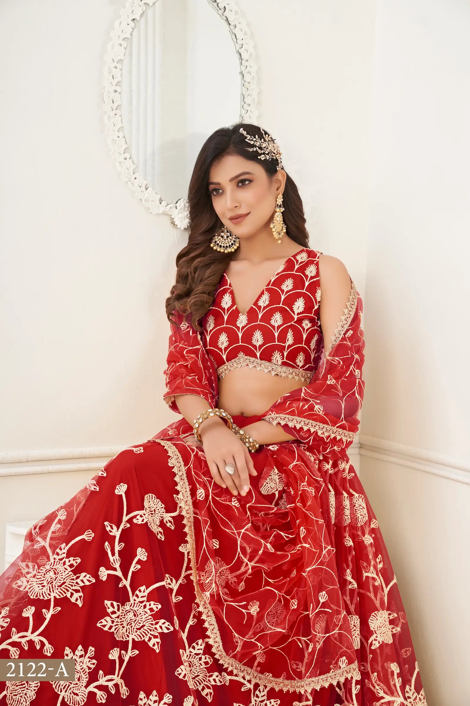 Red Net Lehenga Choli With White Cotton Thread Work, Zari Work & Sequence Work - qivii