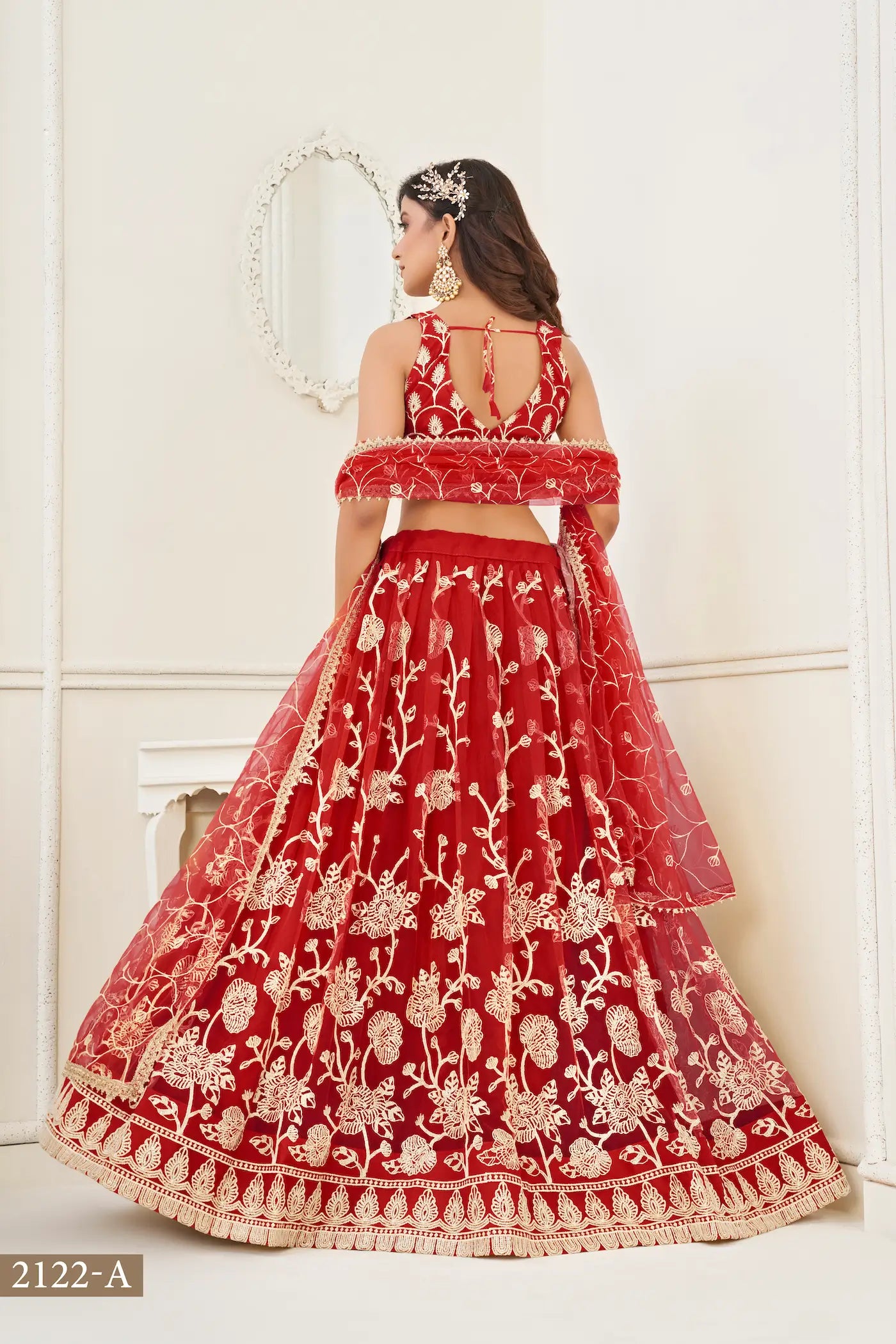 Red Net Lehenga Choli With White Cotton Thread Work, Zari Work & Sequence Work - qivii