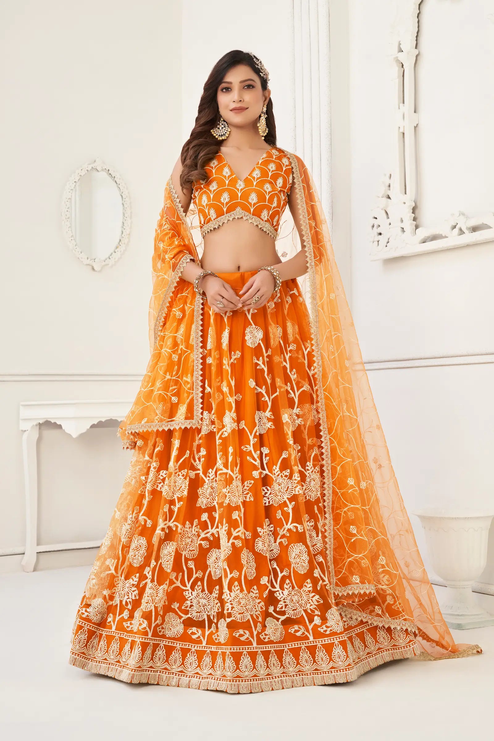 Orange Net Lehenga Choli With White Cotton Thread Work, Zari Work & Sequence Work - qivii
