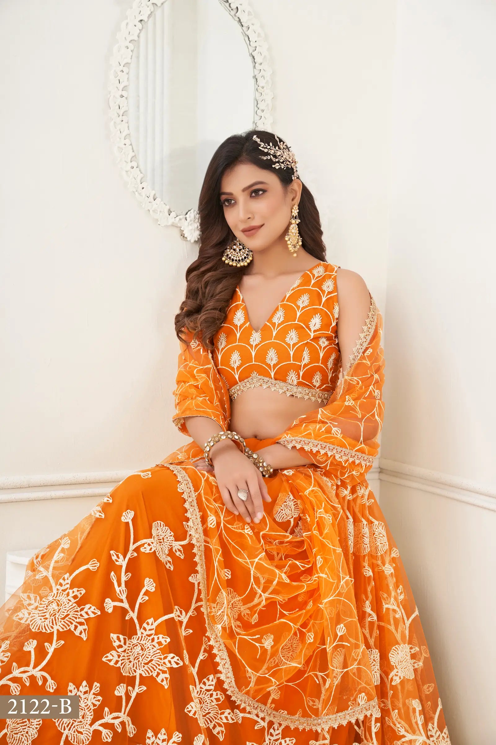 Orange Net Lehenga Choli With White Cotton Thread Work, Zari Work & Sequence Work - qivii