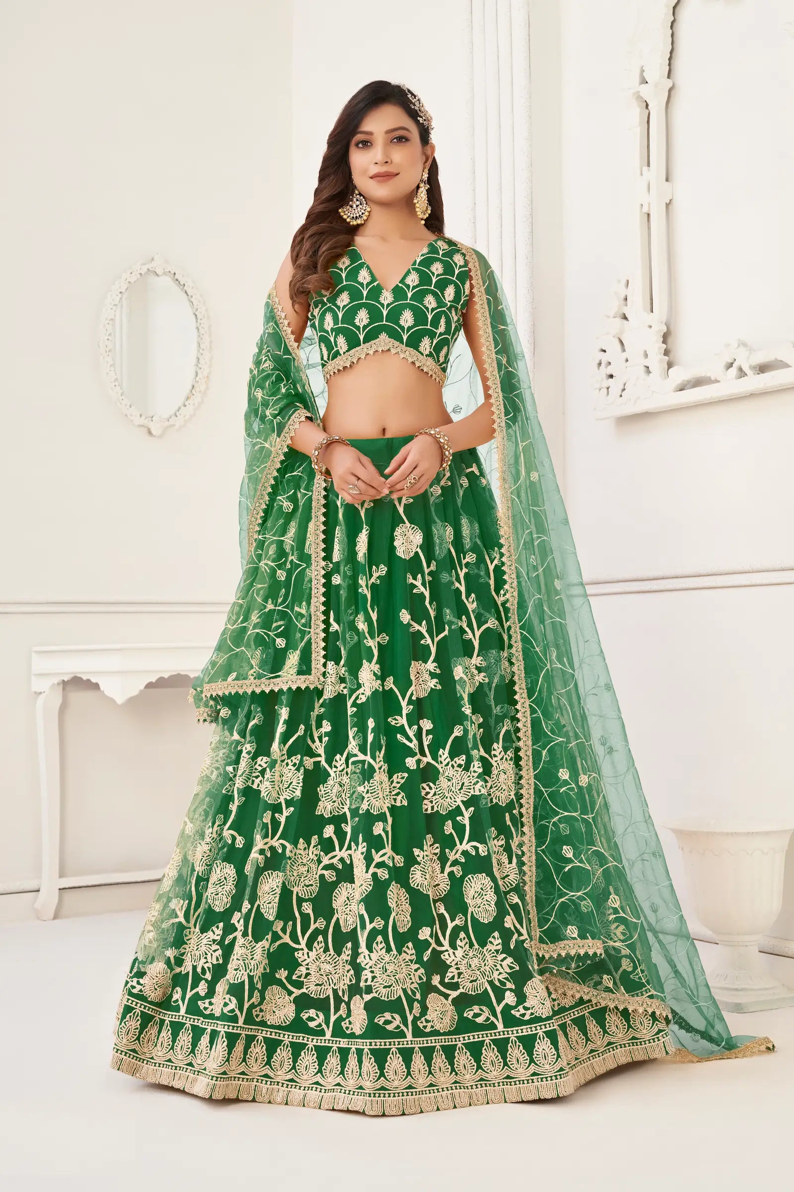 Green Net Lehenga Choli With White Cotton Thread Work, Zari Work & Sequence Work - qivii