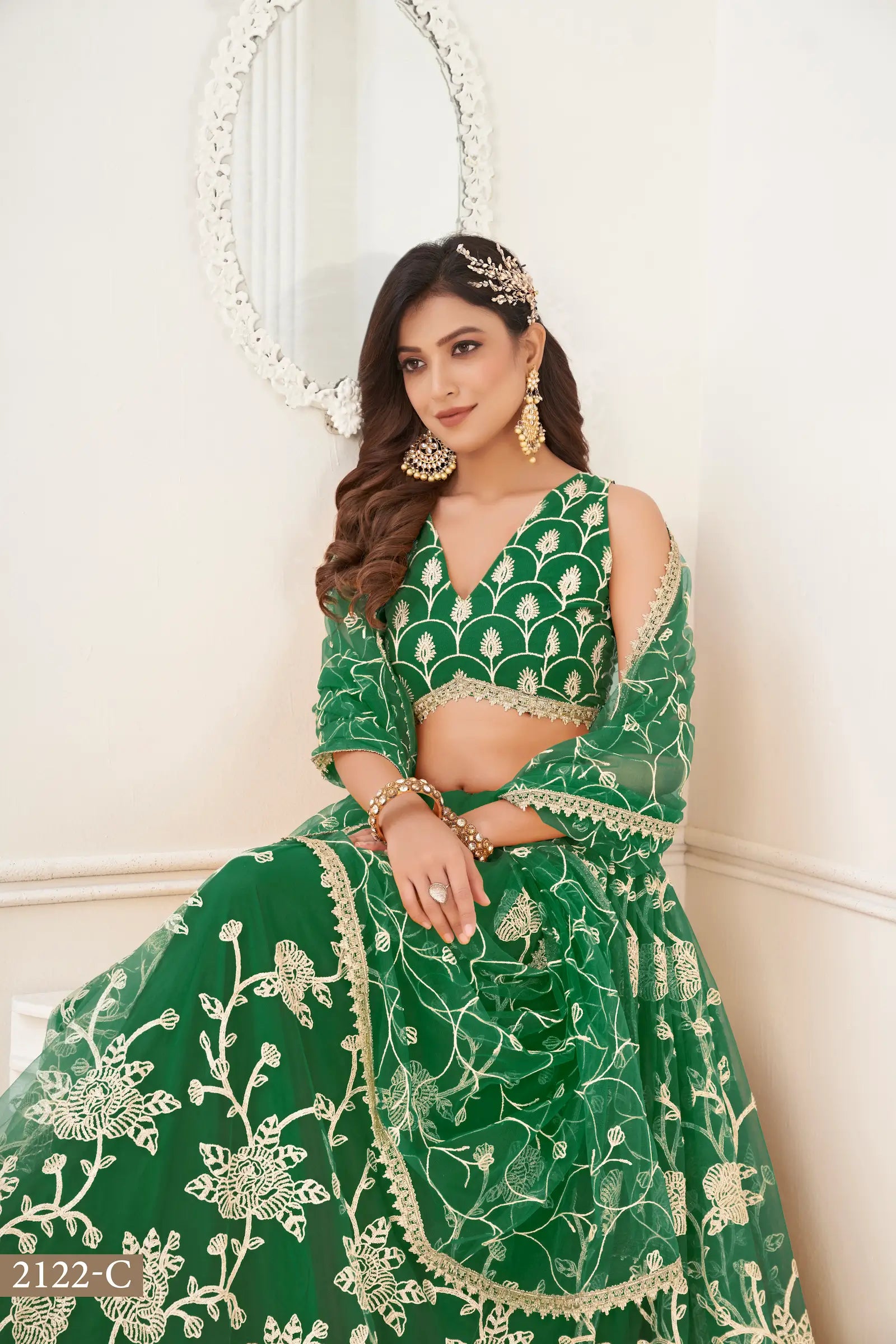 Green Net Lehenga Choli With White Cotton Thread Work, Zari Work & Sequence Work - qivii