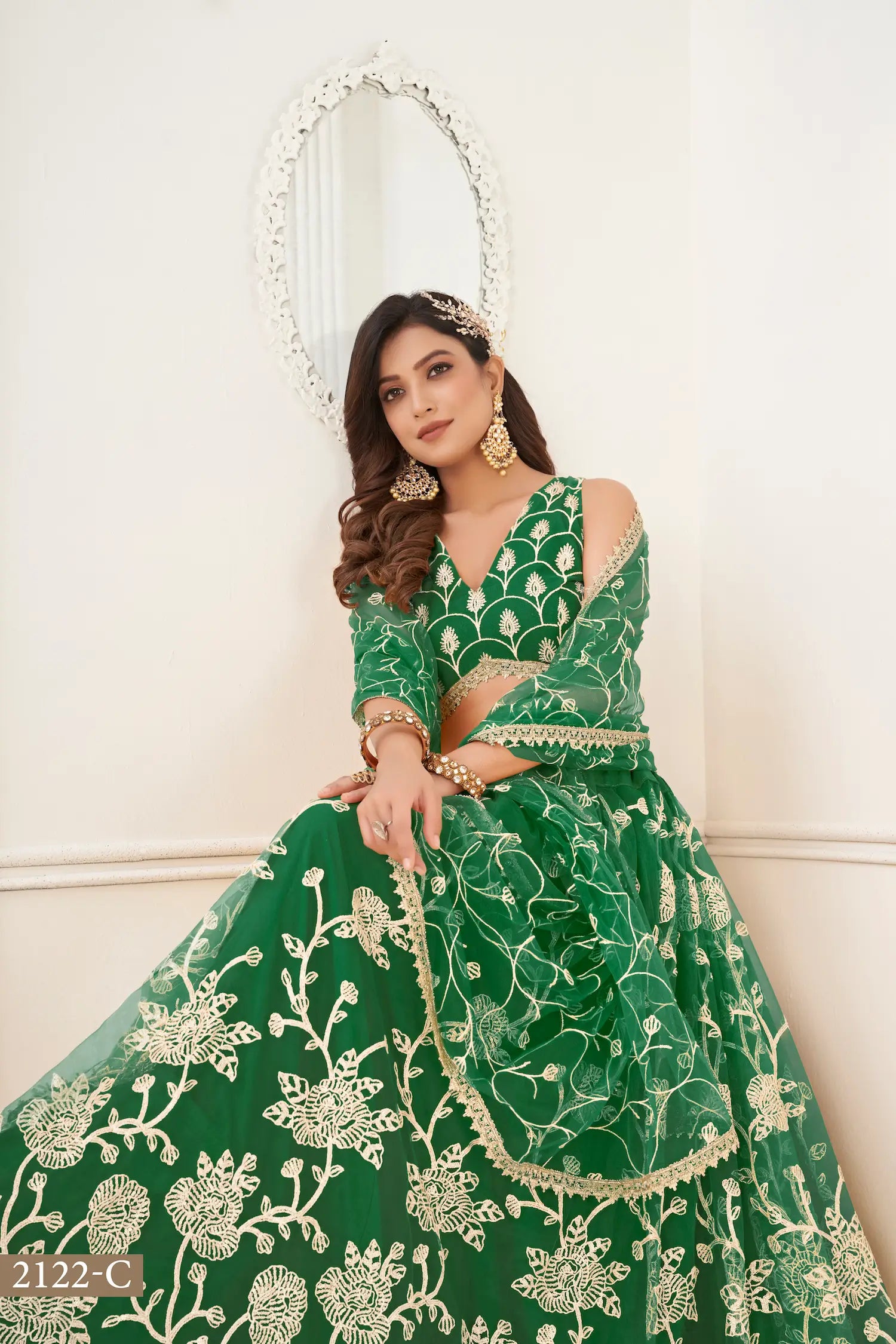 Green Net Lehenga Choli With White Cotton Thread Work, Zari Work & Sequence Work - qivii