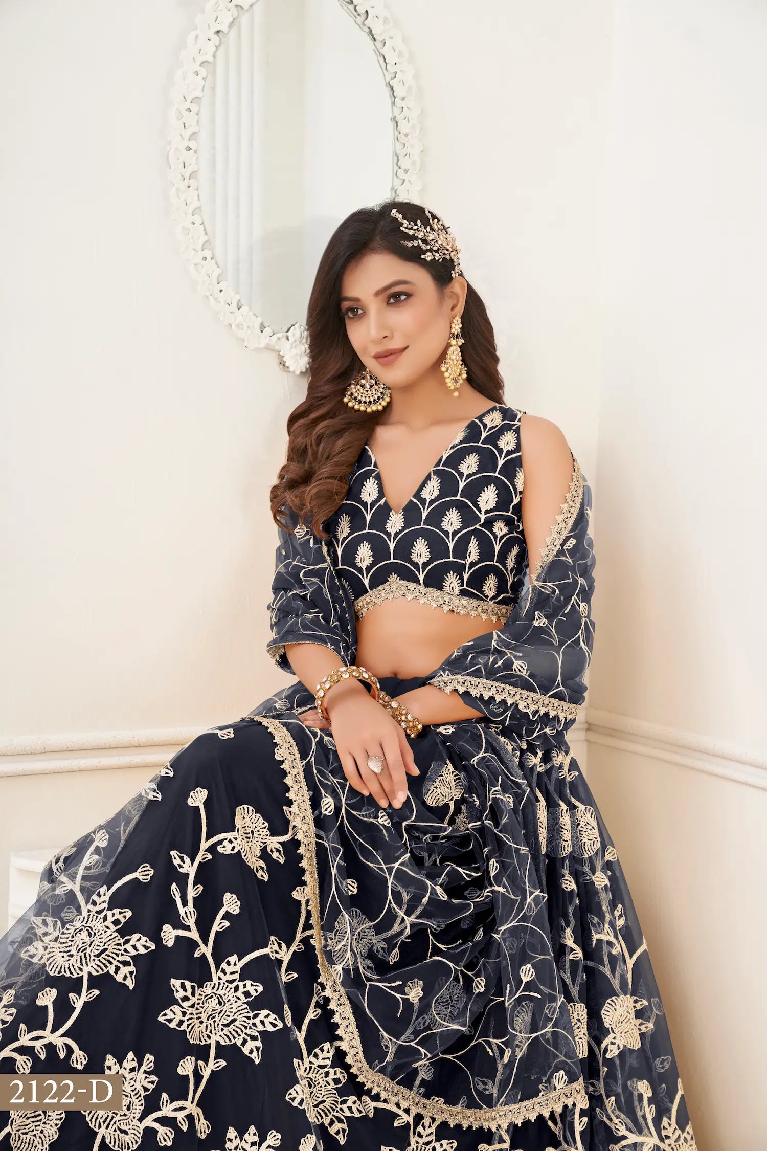 Black Net Lehenga Choli With White Cotton Thread Work, Zari Work & Sequence Work - qivii