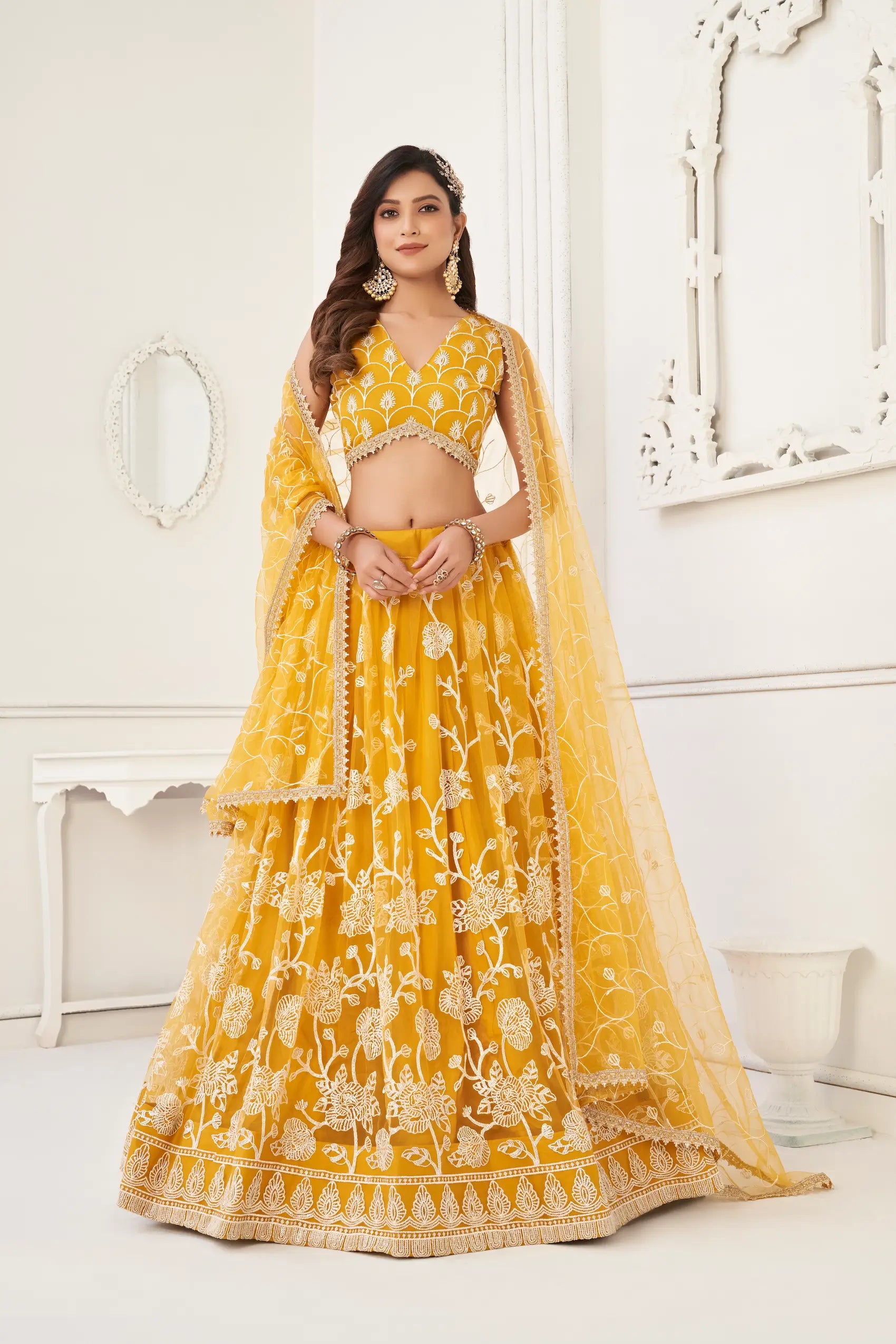 Yellow Net Lehenga Choli With White Cotton Thread Work, Zari Work & Sequence Work - qivii