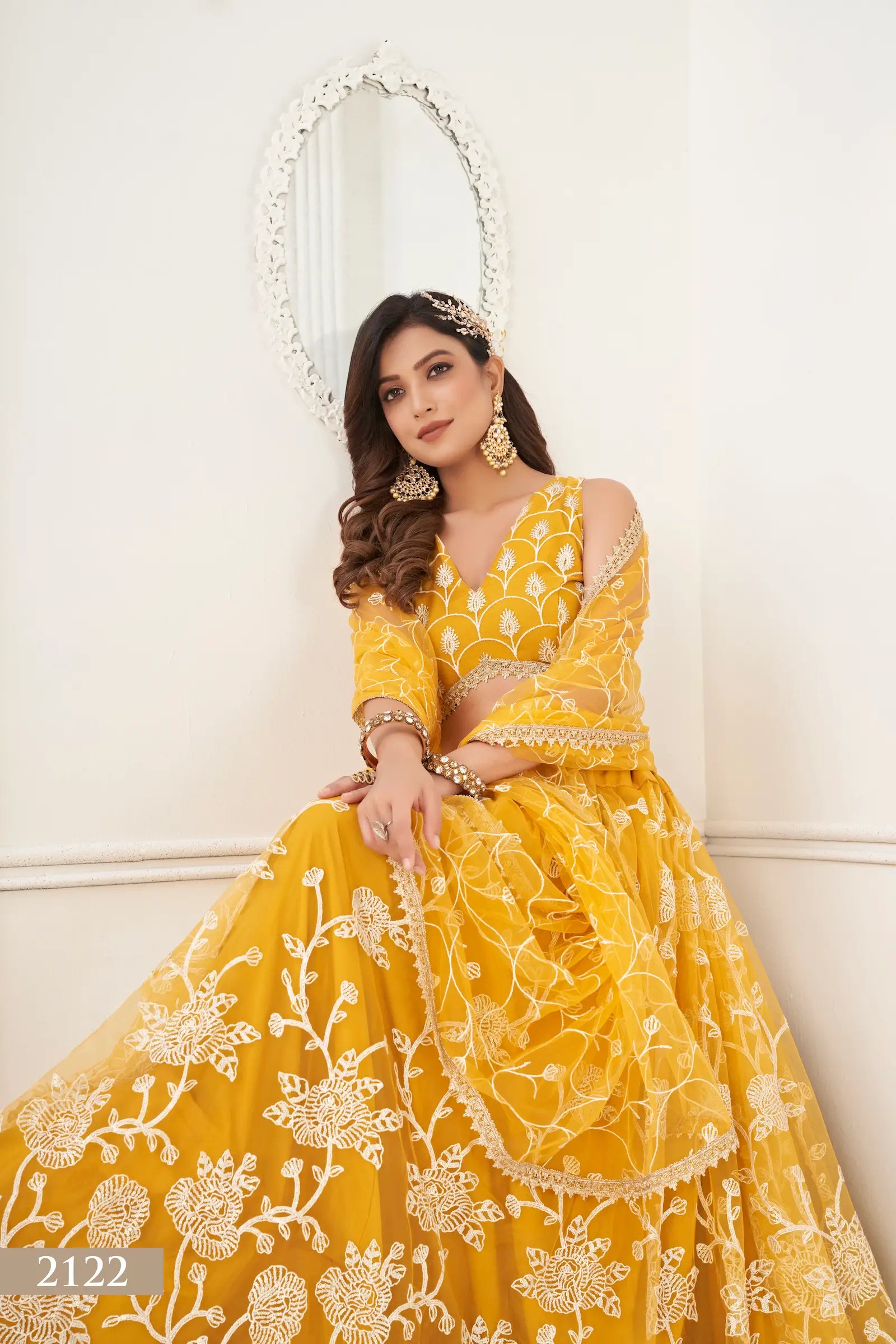 Yellow Net Lehenga Choli With White Cotton Thread Work, Zari Work & Sequence Work - qivii