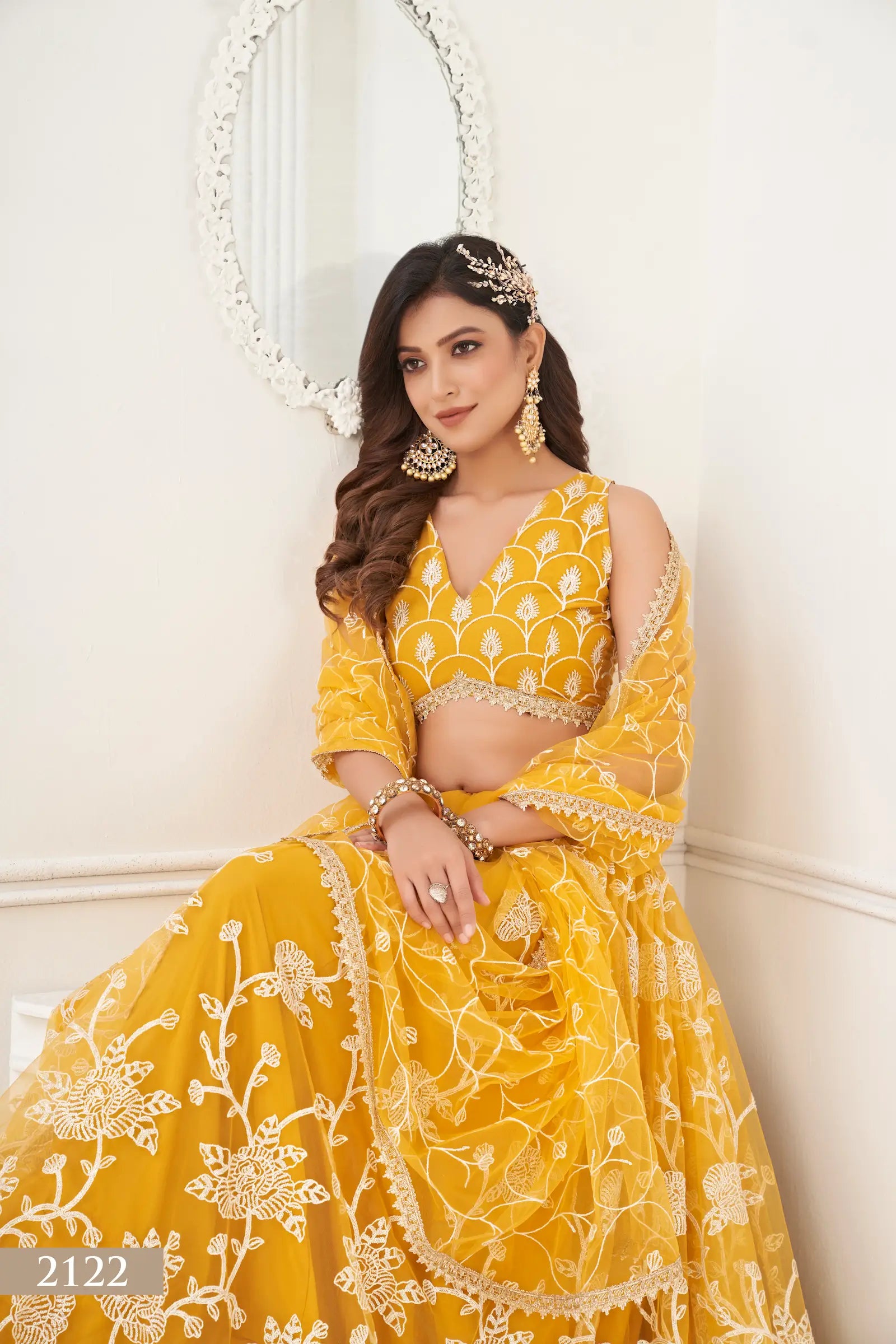Yellow Net Lehenga Choli With White Cotton Thread Work, Zari Work & Sequence Work - qivii