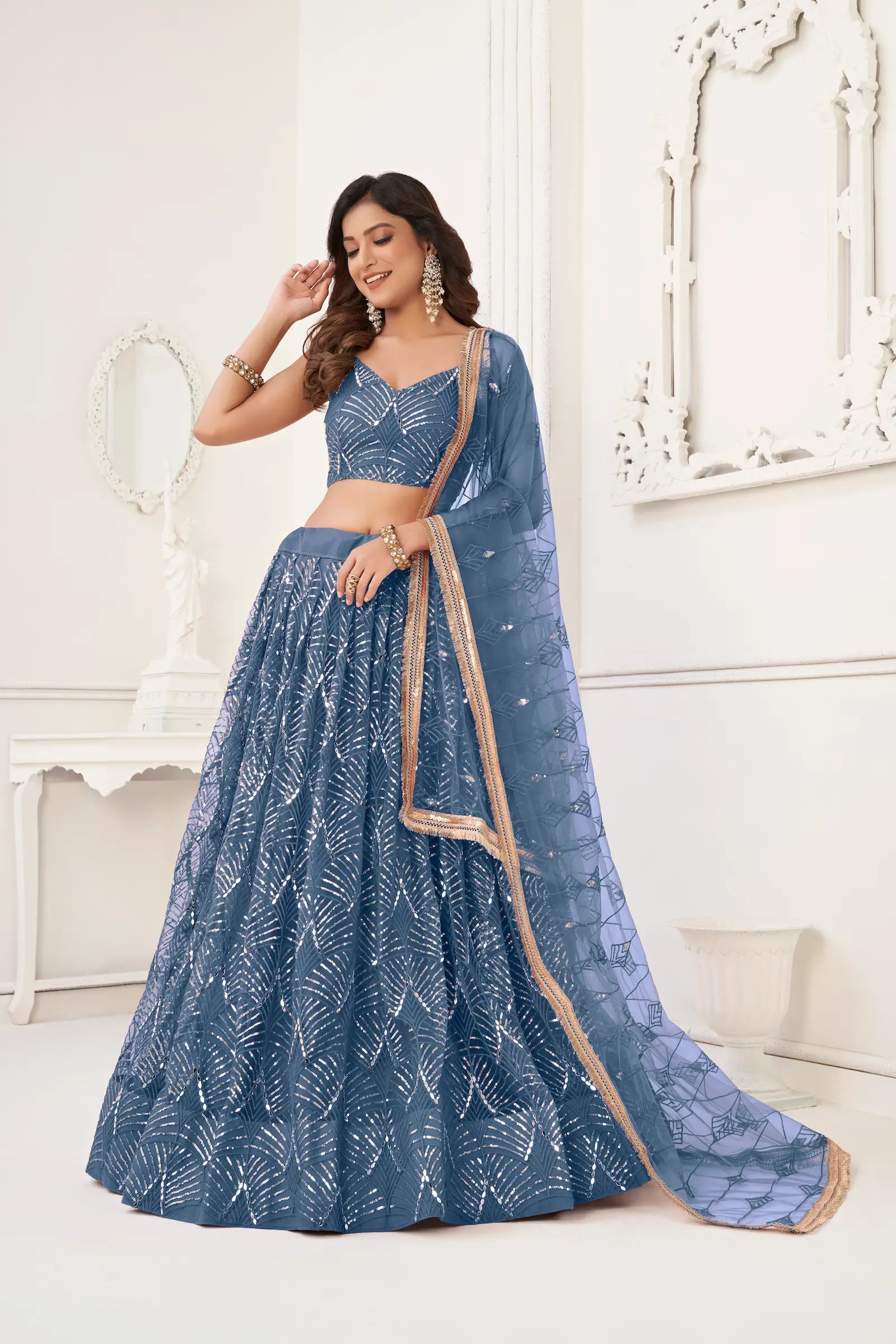 Teal Blue Net Lehenga Choli Thread Work, Mirror Work & Sequence Embroidery Work - qivii