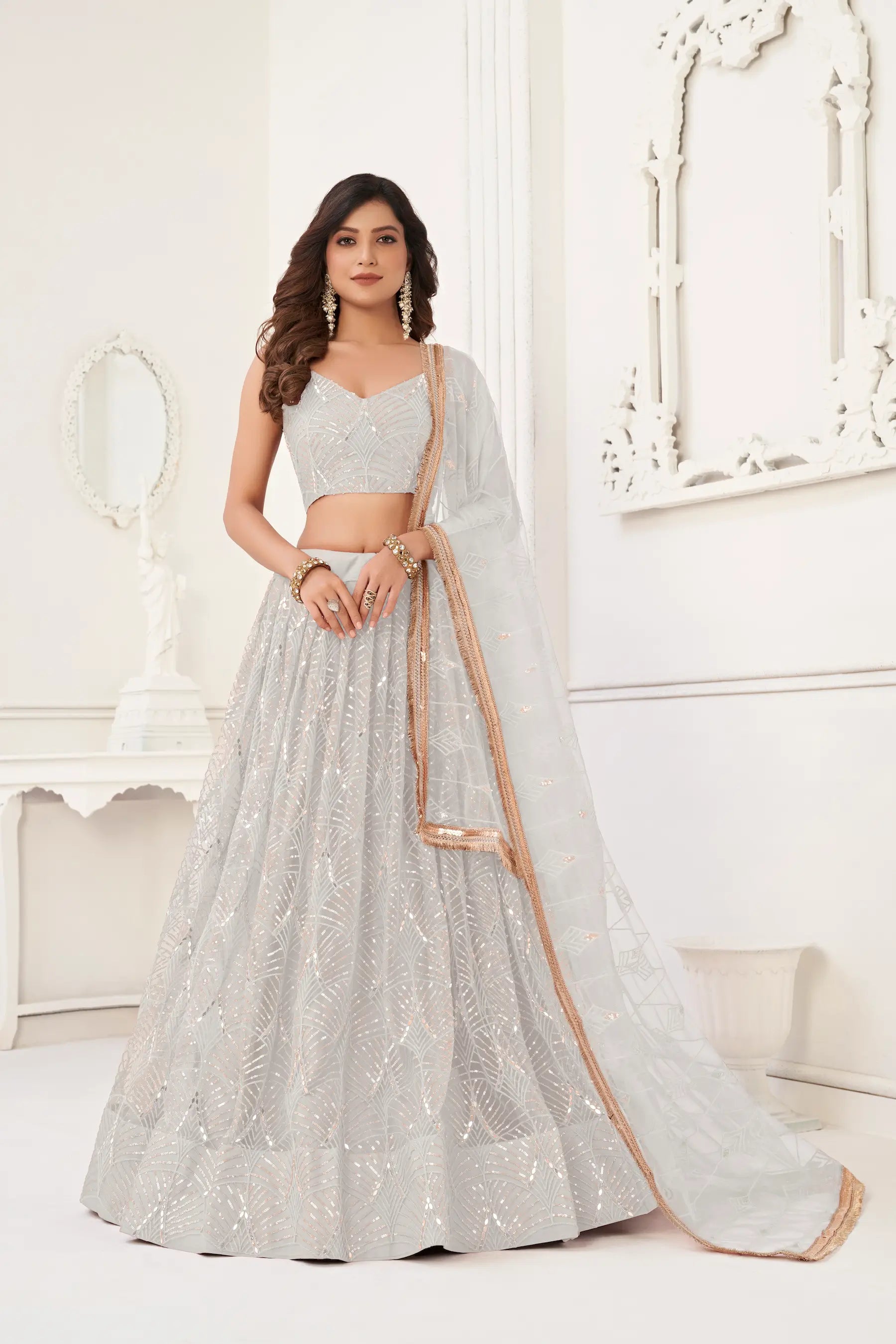 Off White Net Lehenga Choli Thread Work, Mirror Work & Sequence Embroidery Work - qivii