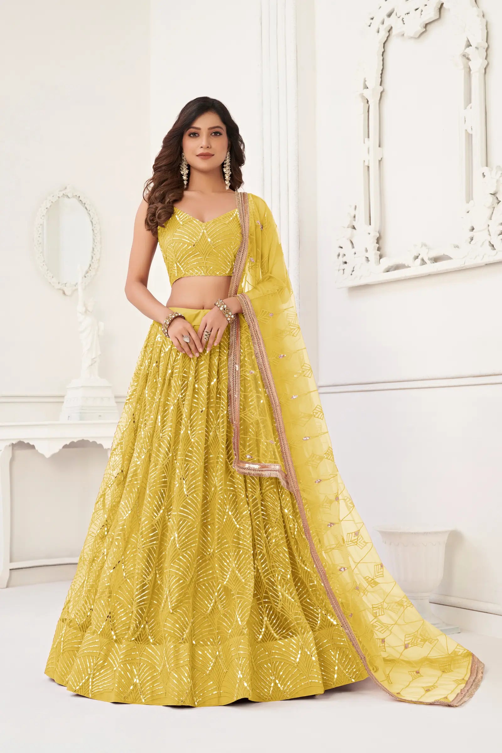 Yellow Net Lehenga Choli Thread Work, Mirror Work & Sequence Embroidery Work - qivii