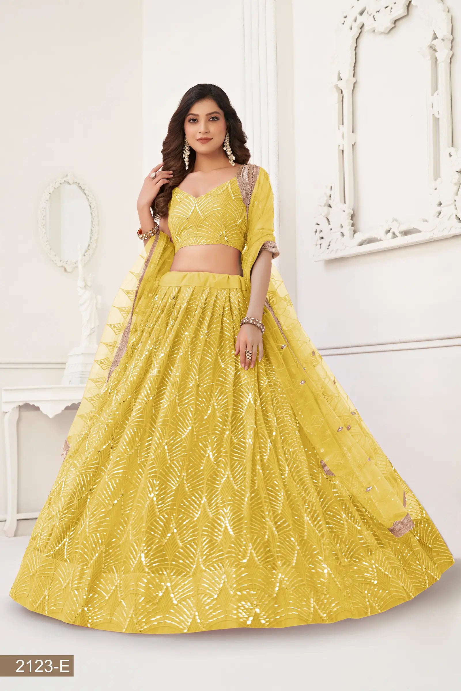 Yellow Net Lehenga Choli Thread Work, Mirror Work & Sequence Embroidery Work - qivii