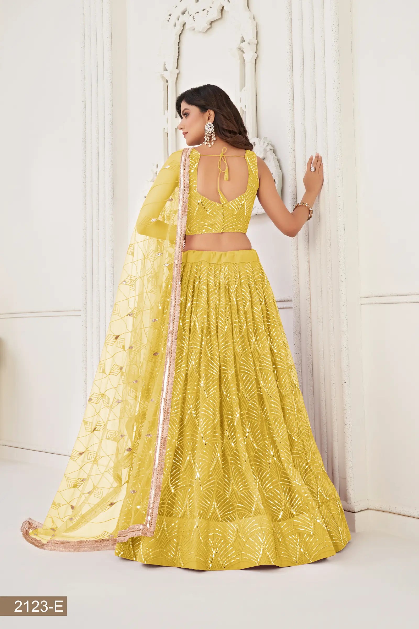 Yellow Net Lehenga Choli Thread Work, Mirror Work & Sequence Embroidery Work - qivii