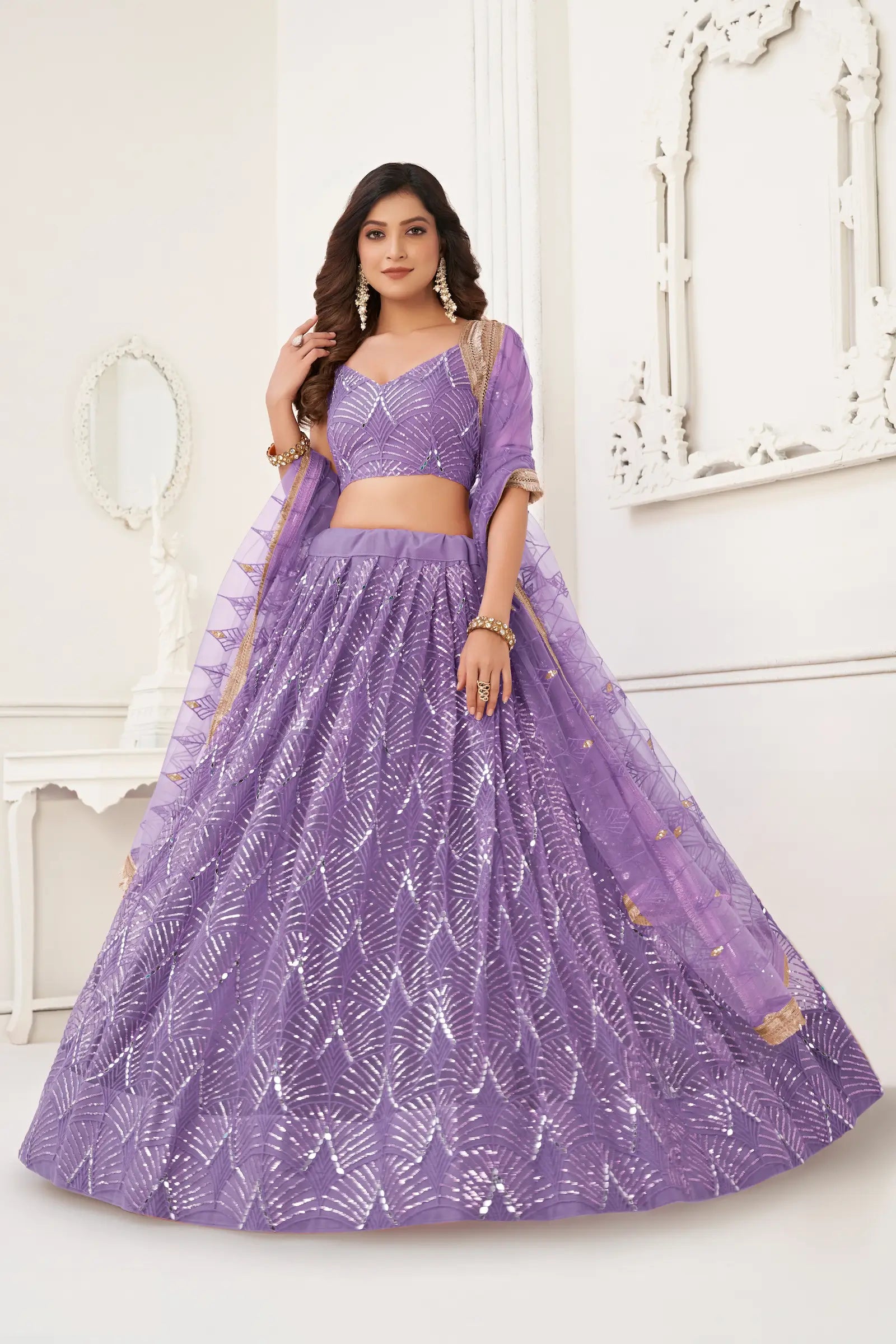 Lavender Net Lehenga Choli Thread Work, Mirror Work & Sequence Embroidery Work - qivii