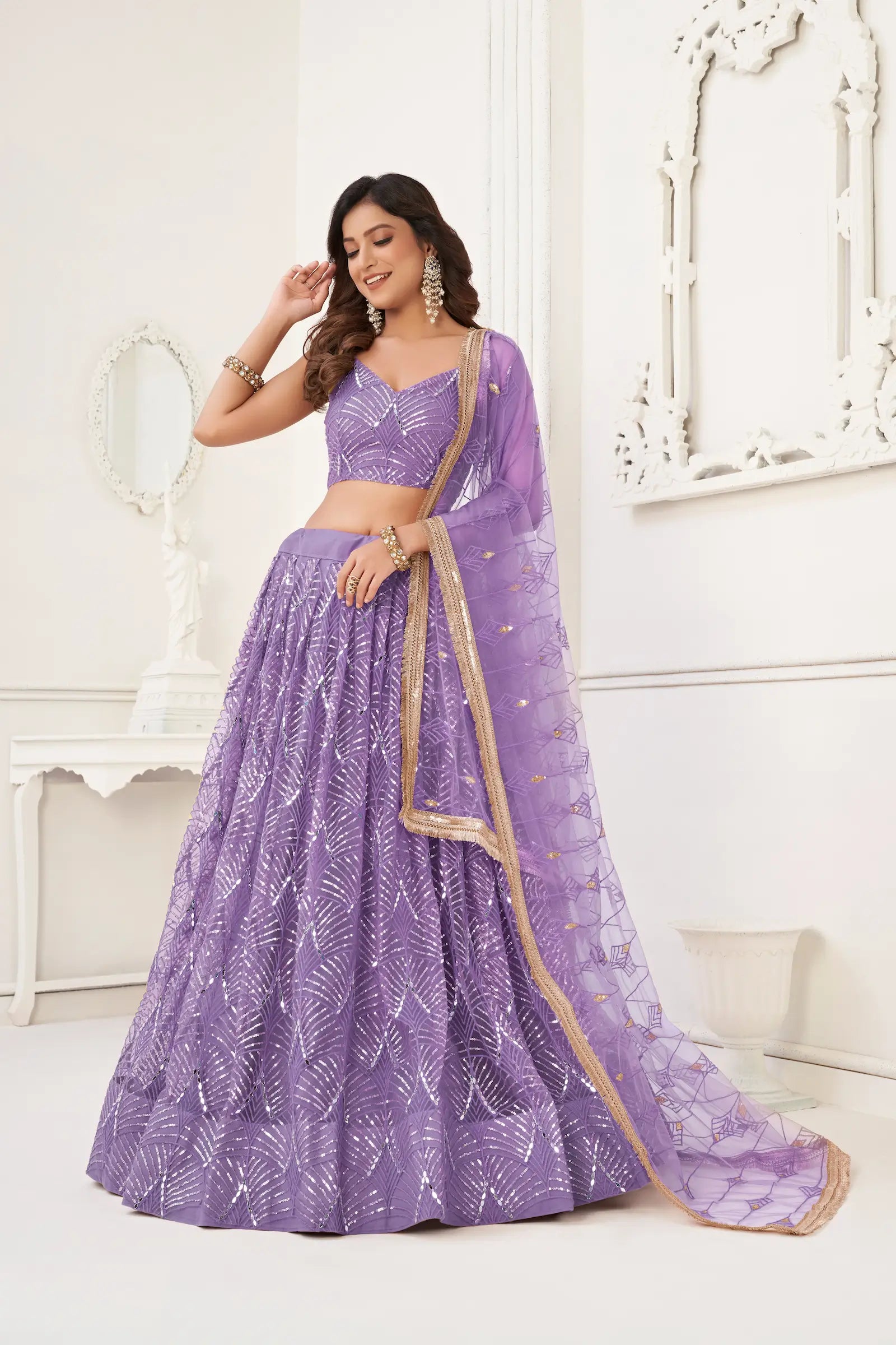 Lavender Net Lehenga Choli Thread Work, Mirror Work & Sequence Embroidery Work - qivii