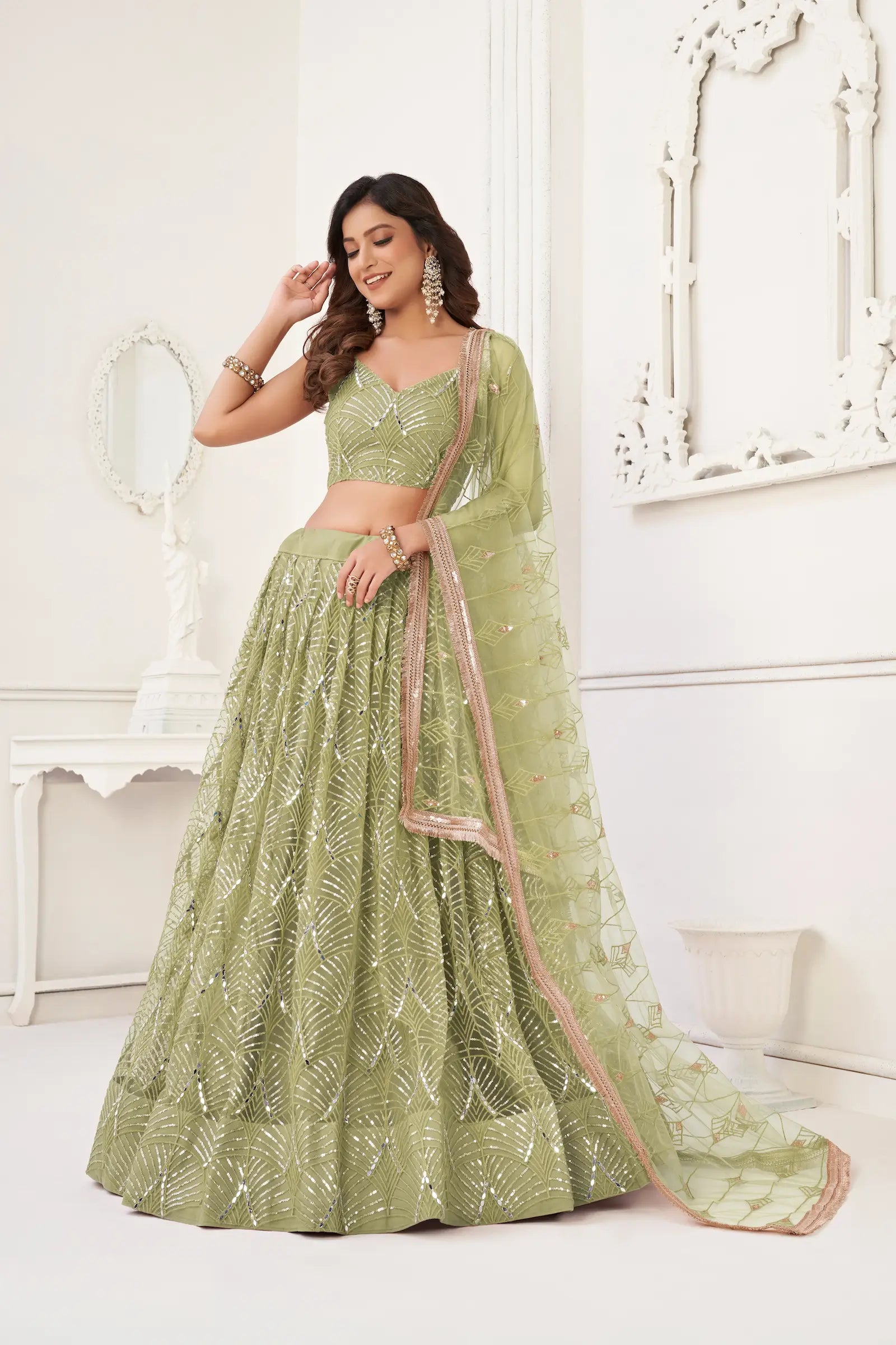 Pista Green Net Lehenga Choli Thread Work, Mirror Work & Sequence Embroidery Work - qivii