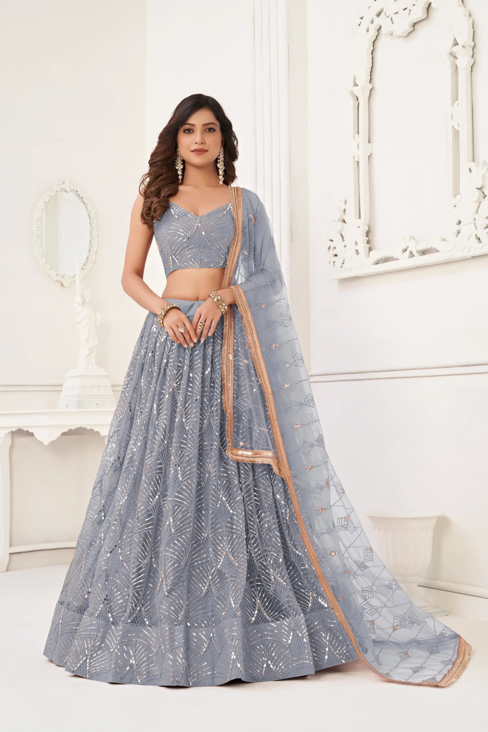 Light Grey Net Lehenga Choli Thread Work, Mirror Work & Sequence Embroidery Work - qivii