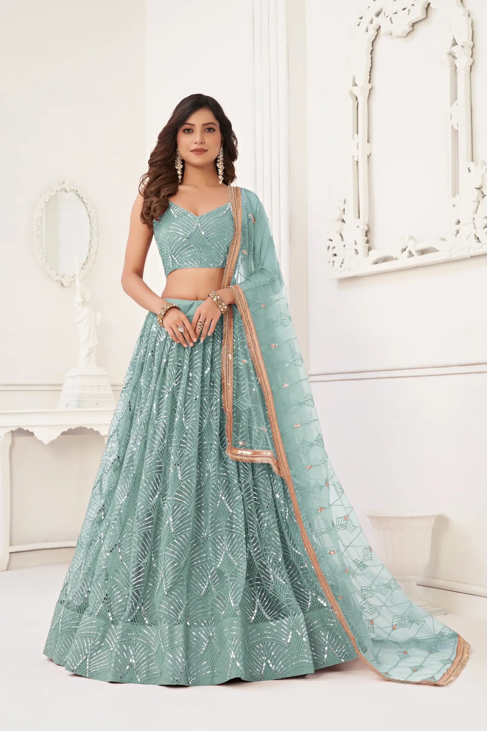 Ocean Blue Net Lehenga Choli Thread Work, Mirror Work & Sequence Embroidery Work - qivii